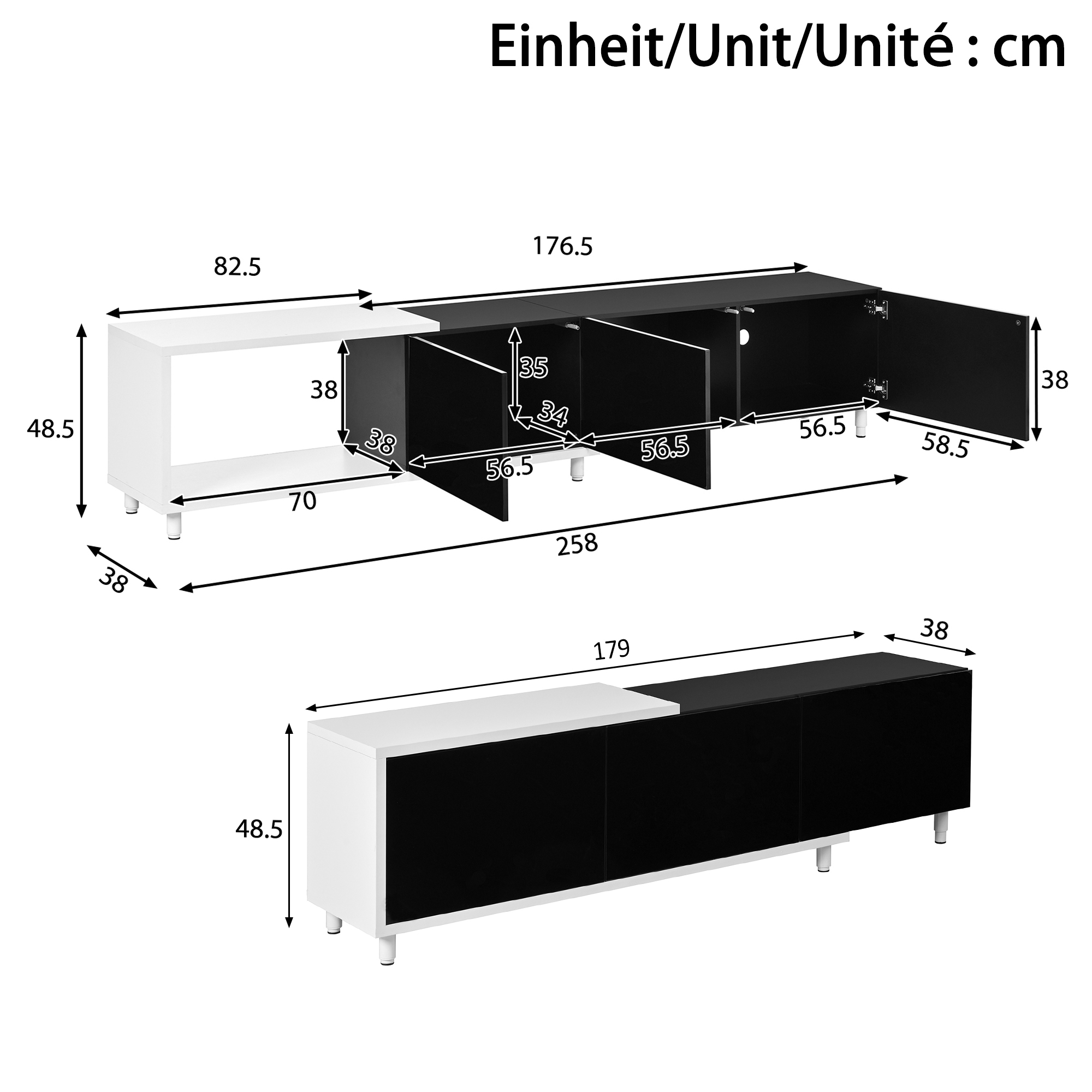 Meuble TV, extensible, rangement intégré, 258 x 38 x 48,5 cm, panneaux de particules et métal, blanc - vue 2