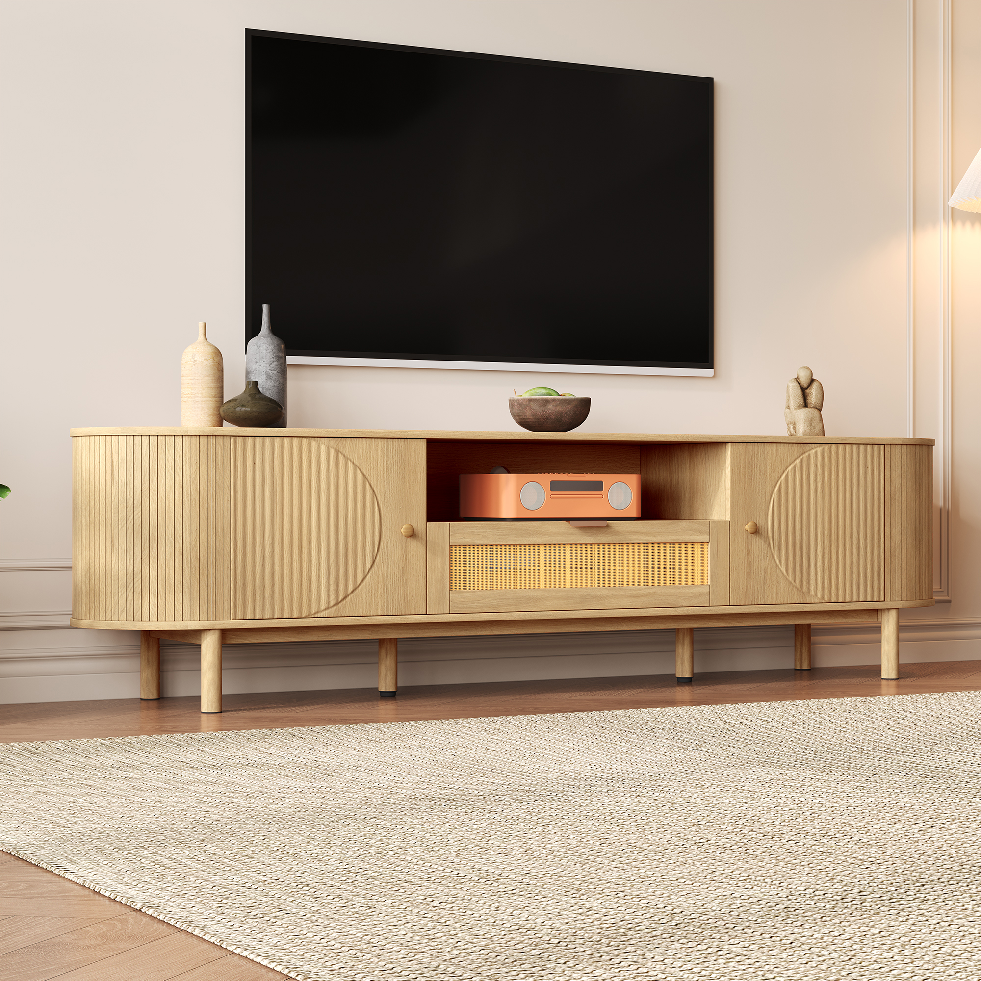 Meuble TV Courbé Bois Naturel et Rotin