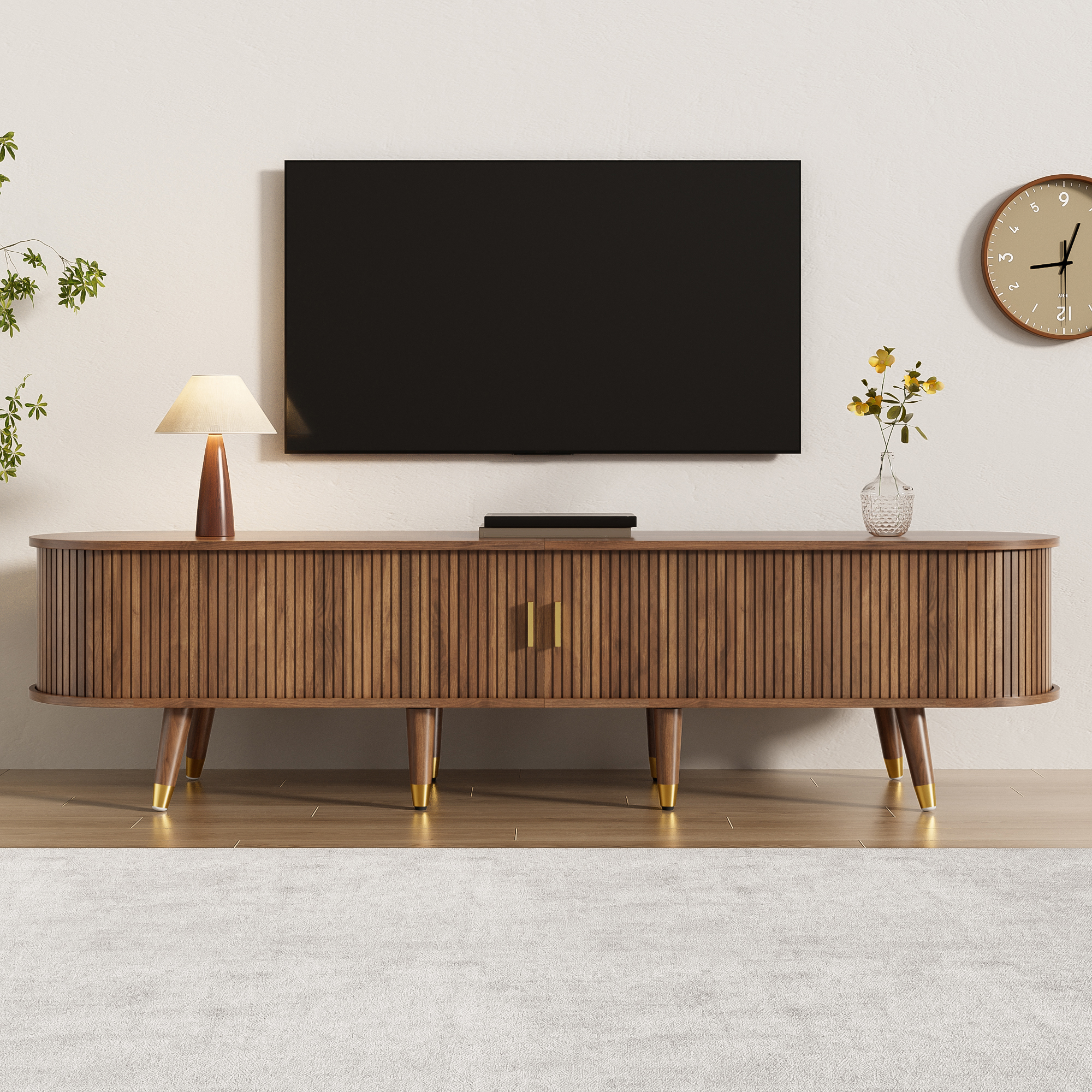 ensemble salon style mid‑century avec rainures verticales, aspect bois naturel et poignées dorées