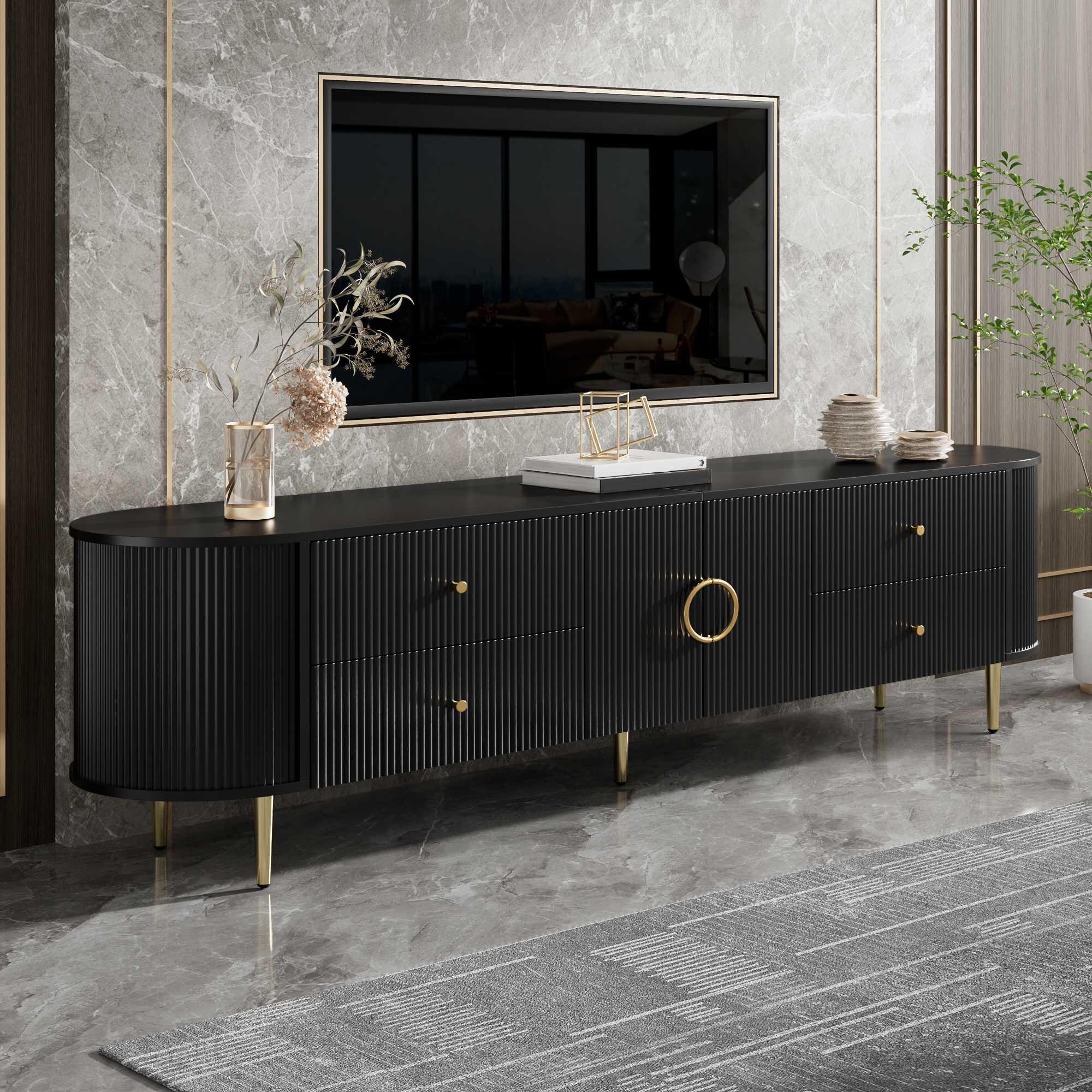 Meuble TV noir design 3D ondes