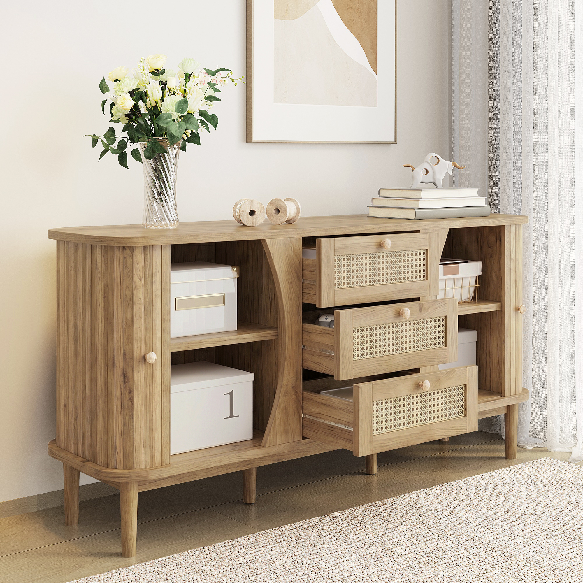 Buffet bas 140,5 cm, meuble de rangement avec étagères réglables, panneaux de particules, Effet bois naturel