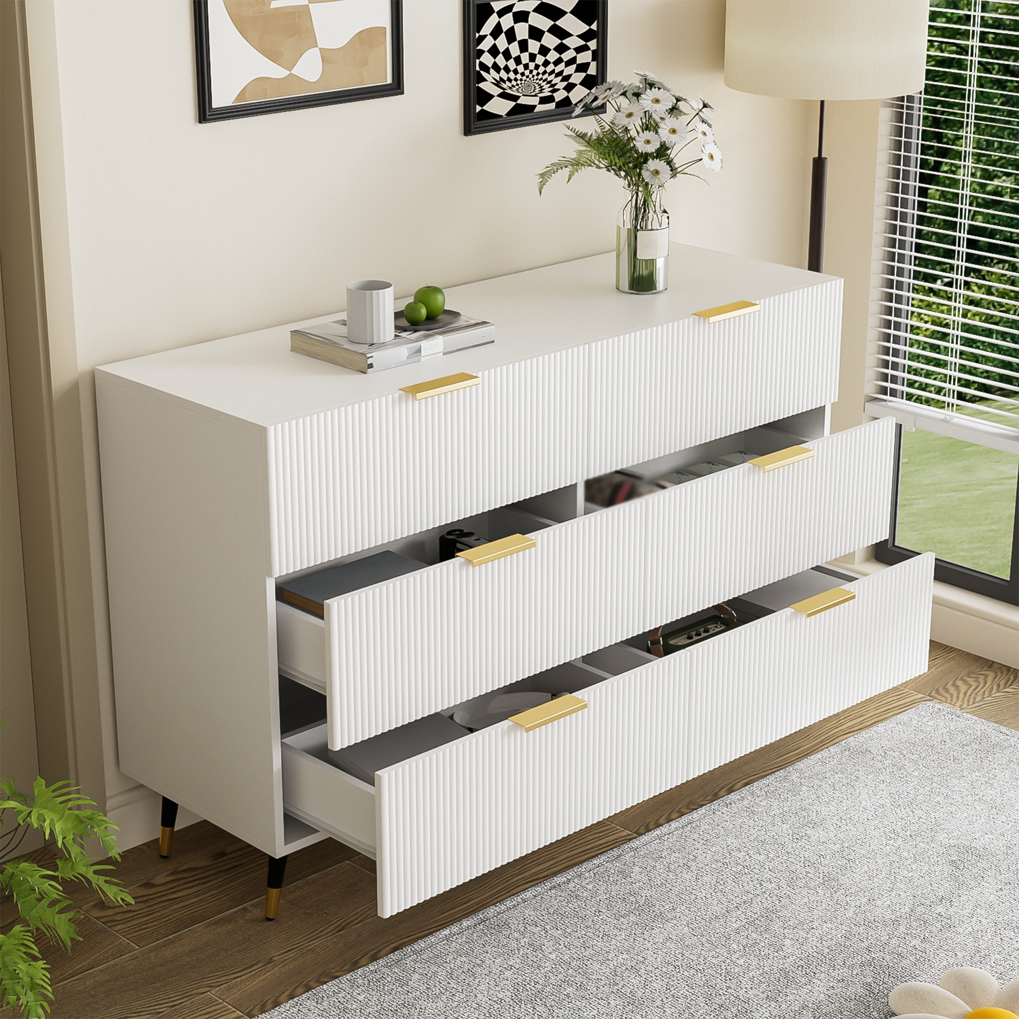 Buffet, rangement intégré, avec tiroirs, 120 x 40 x 77 cm, panneaux de particules, blanc - vue 8