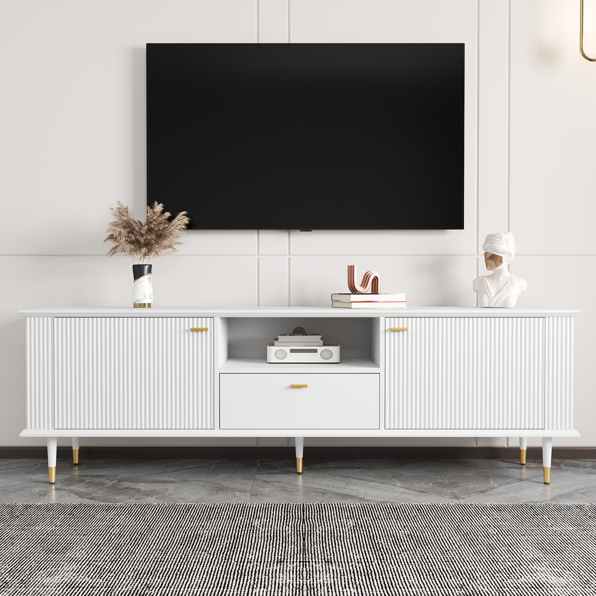Meuble TV, avec tiroirs, fermeture douce, 170 x 36 x 54 cm, MDF, blanc - vue 4