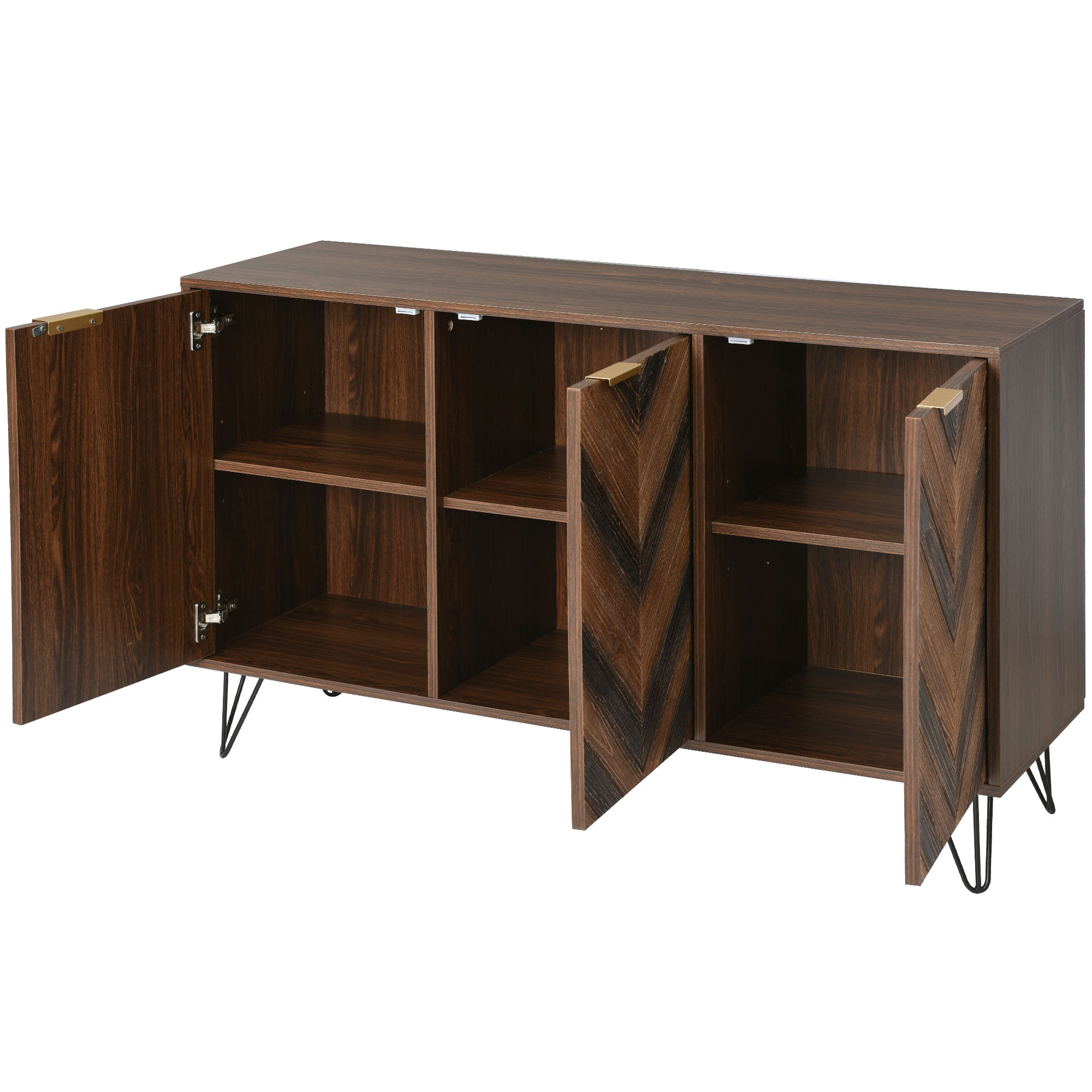 Buffet 3 portes 120×38×76,5 cm, poignées dorées, finition bois naturel, chaque porte avec compartiment et étagère réglable, design élégant moderne, beaucoup d'espace de rangement, pour salon et salle à manger - image 10