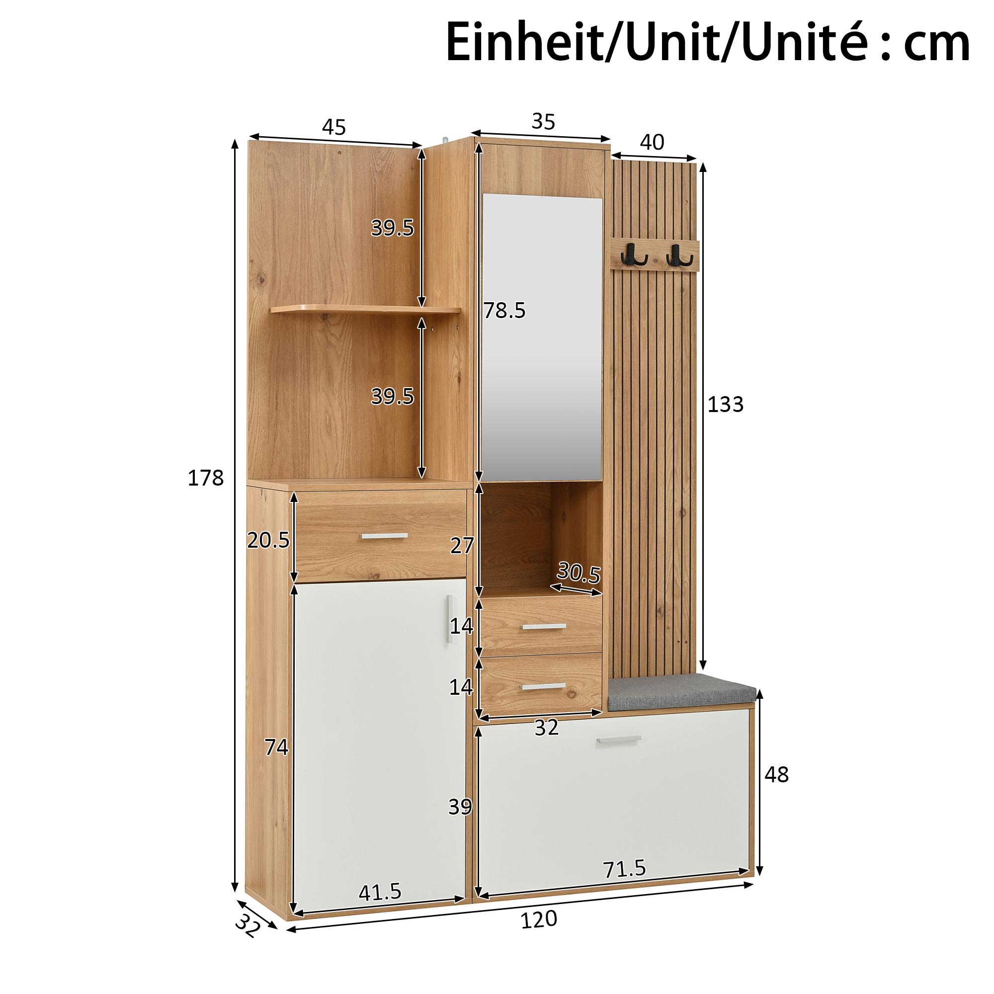 Armoire penderie 120 x 32 x 178 cm, portes courbes, tringle, tiroirs, LED, MDF et panneaux de particules, Effet bois naturel et Blanc - détails