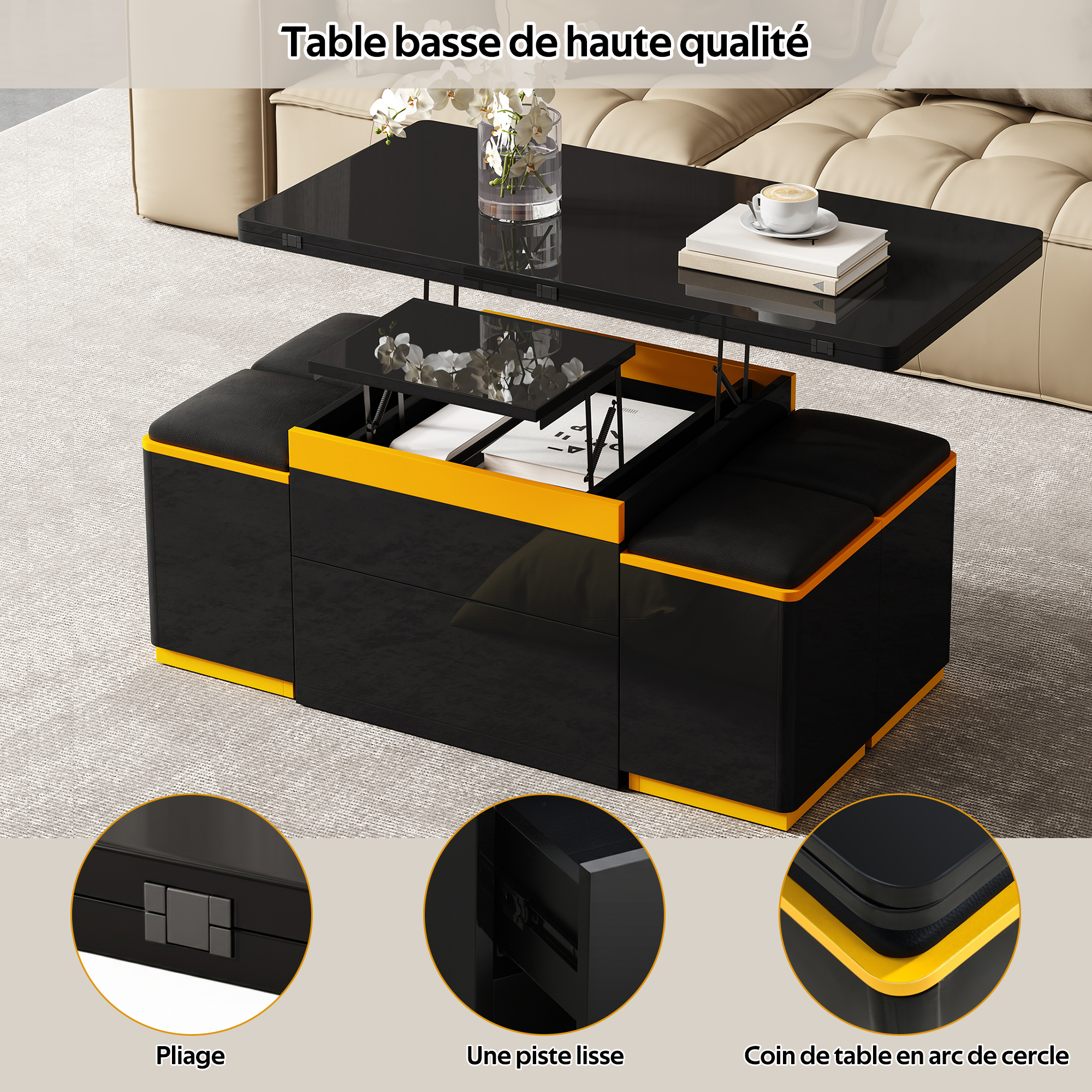 Table basse relevable et pliable avec 4 tabourets de rangement