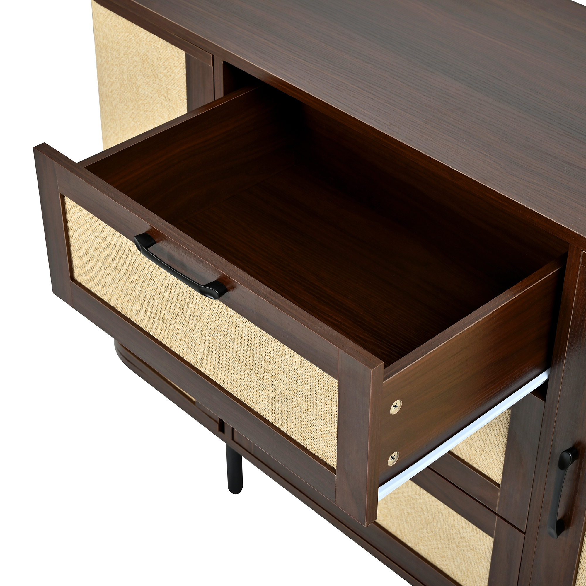 Buffet bas 120 cm, meuble de rangement avec 2 portes, 3 tiroirs, étagères réglables, MDF et métal, Effet noyer