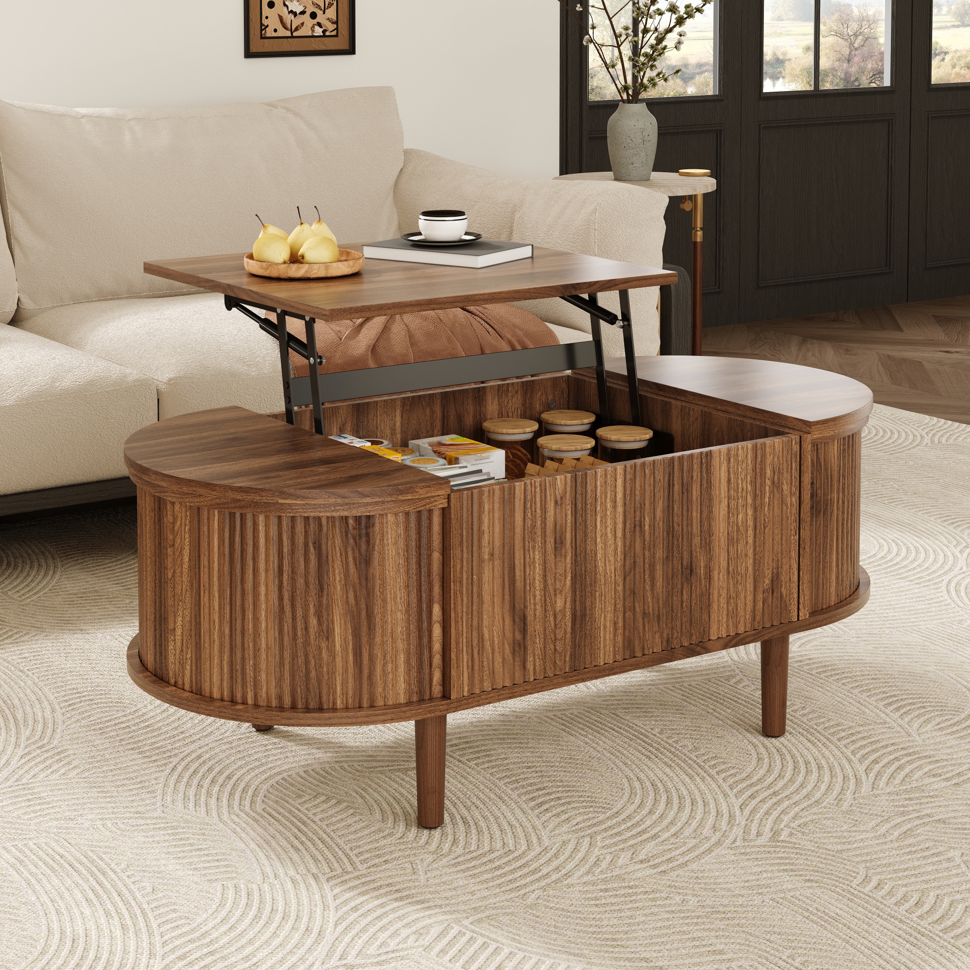 Table basse ovale, table de salon 100 x 48 x 53,5 cm avec plateau relevable, MDF, Effet noyer