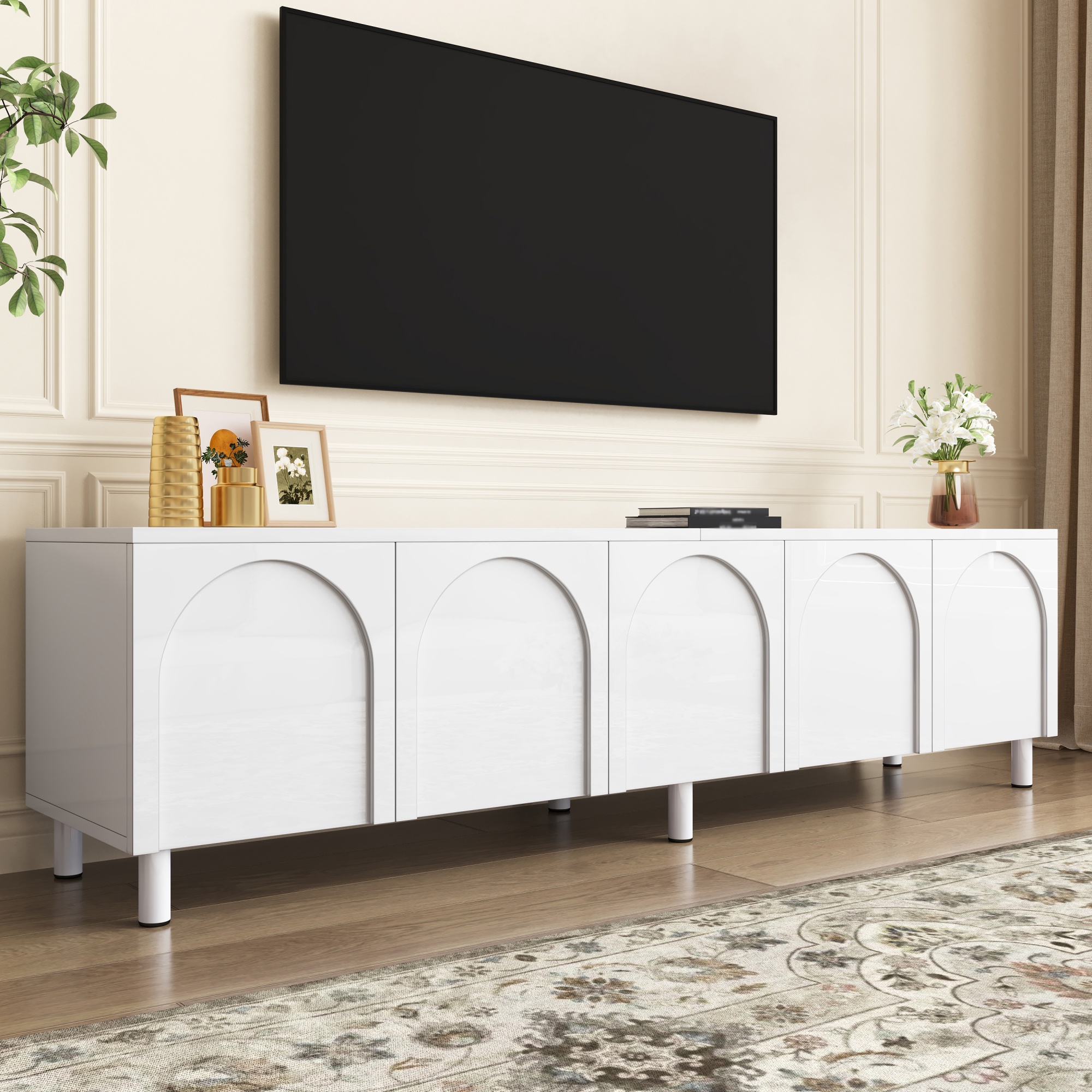 Meuble TV, rangement intégré, 180 x 38 x 45 cm, métal et MDF, blanc - vue 4