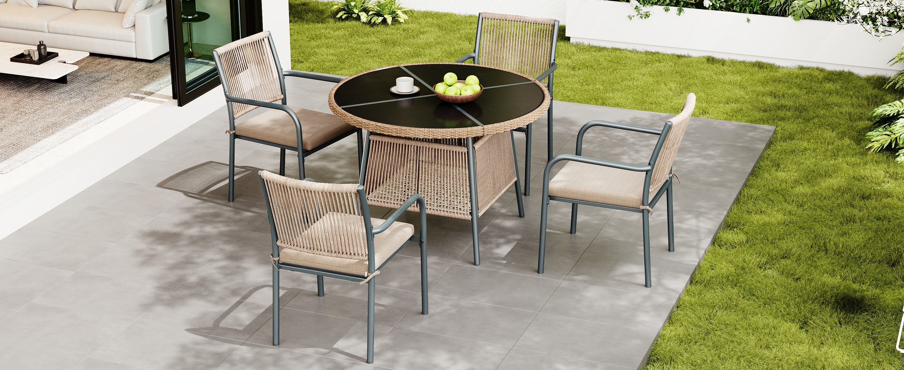 Table ronde plateau verre trempé enveloppé rotin PE, surface lisse facile à nettoyer