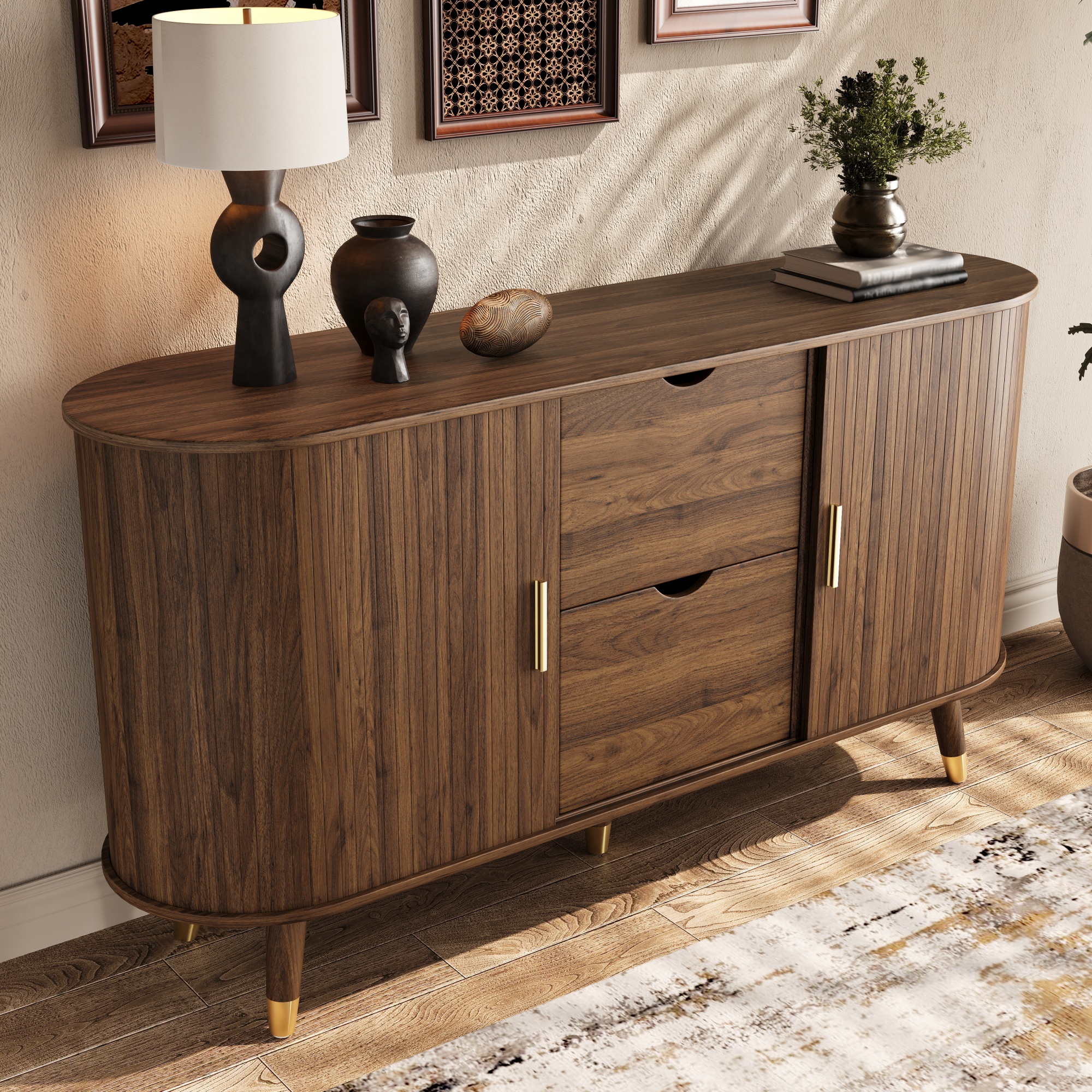 Buffet bas 140 cm, meuble de rangement avec 2 portes coulissantes, 2 tiroirs, étagères réglables, MDF, Effet noyer