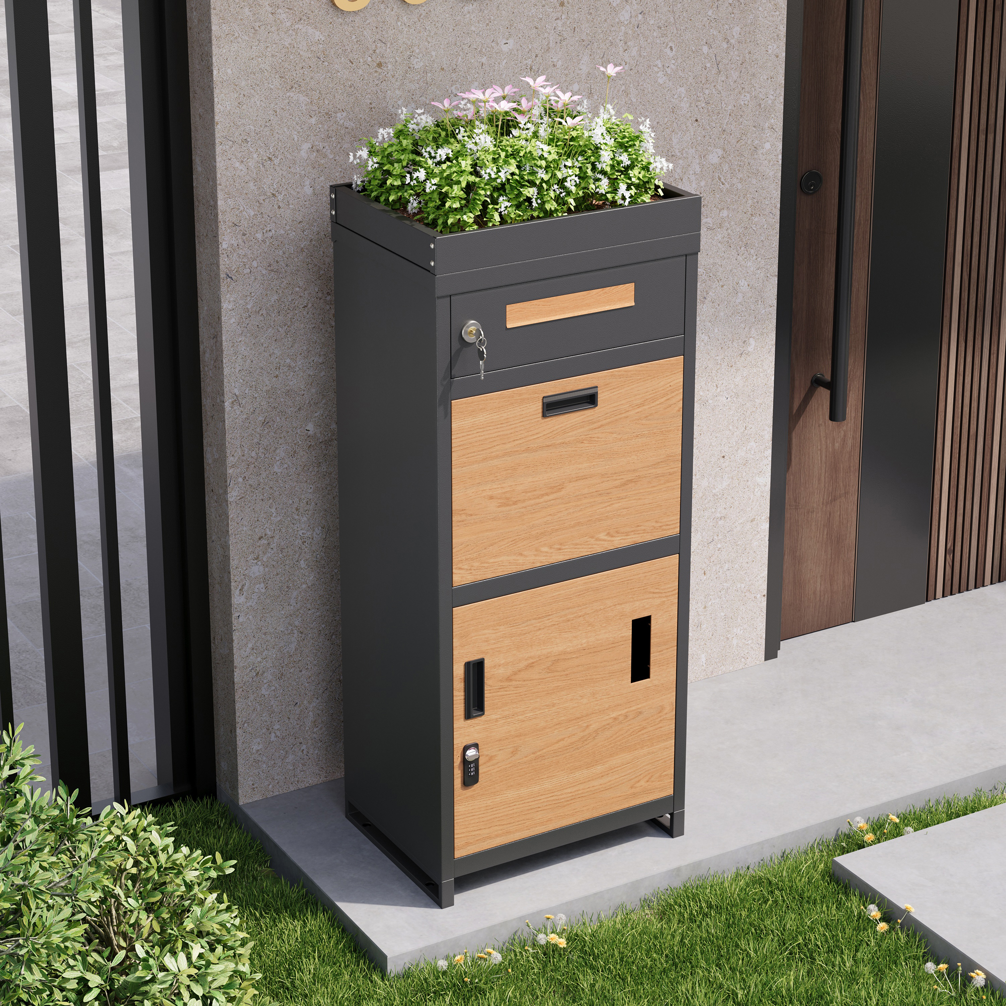 Boîte aux lettres sur‑pied avec bac à fleurs vue générale