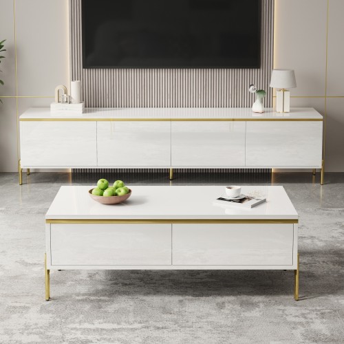 Ensemble meuble TV et table basse blanc avec détails dorés