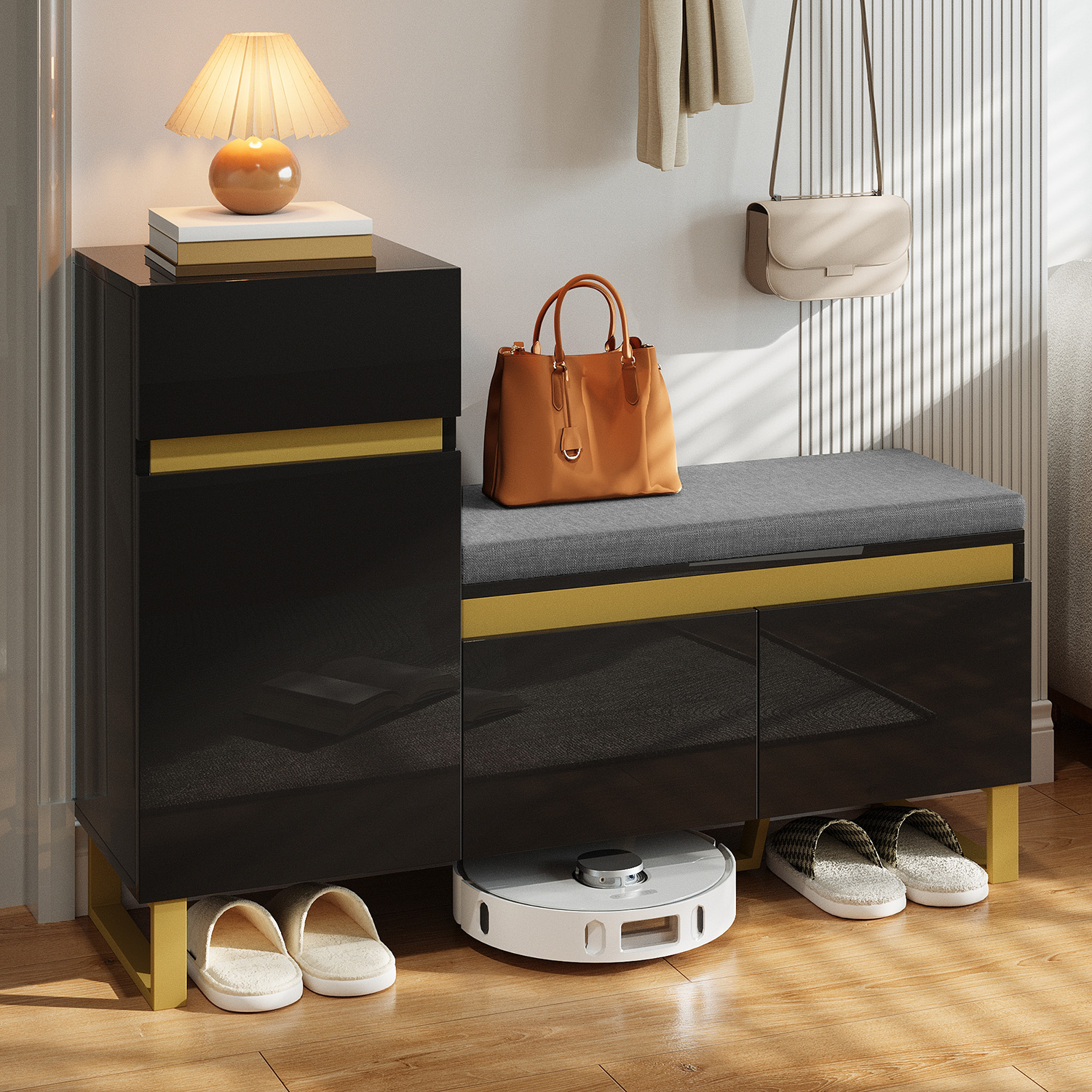 Meuble à chaussures, avec tiroirs, 120 x 35 x 85 cm, MDF, noir - vue 5