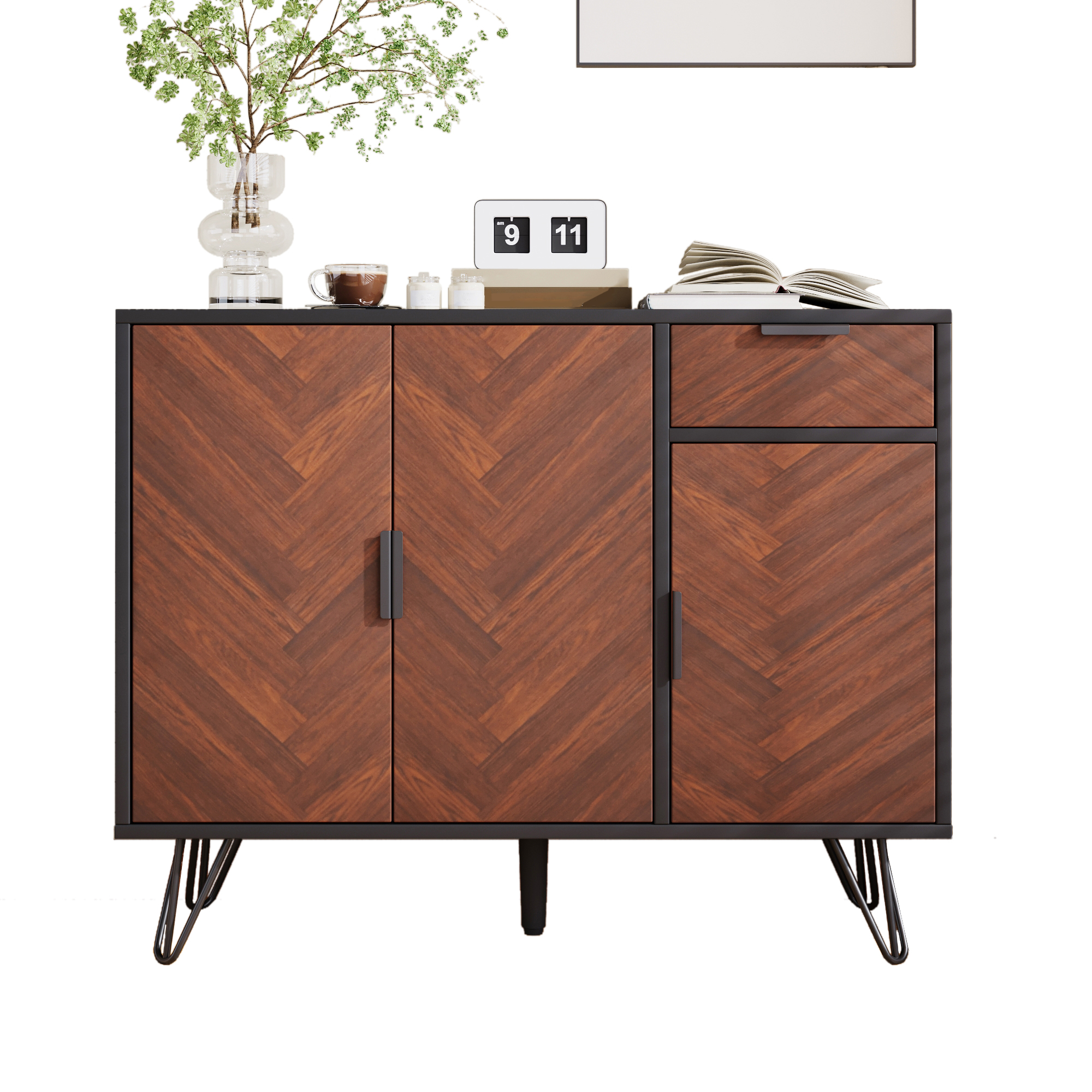 Buffet, hauteur réglable, avec tiroirs, étagères réglables, 90 x 30 x 71,5 cm, panneaux de particules et bois, noir - vue 2