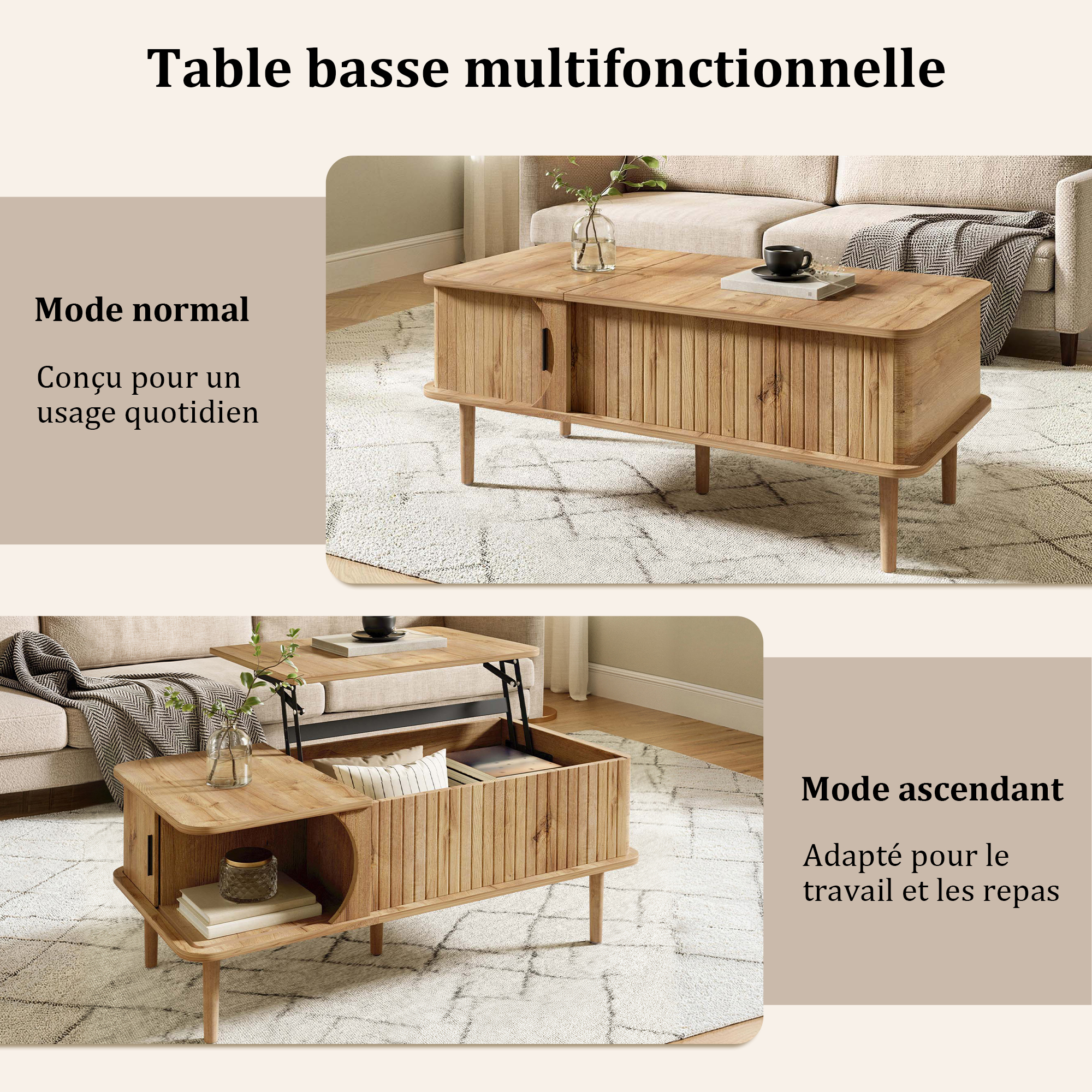 Porte coulissante modulable de la table basse avec rangement
