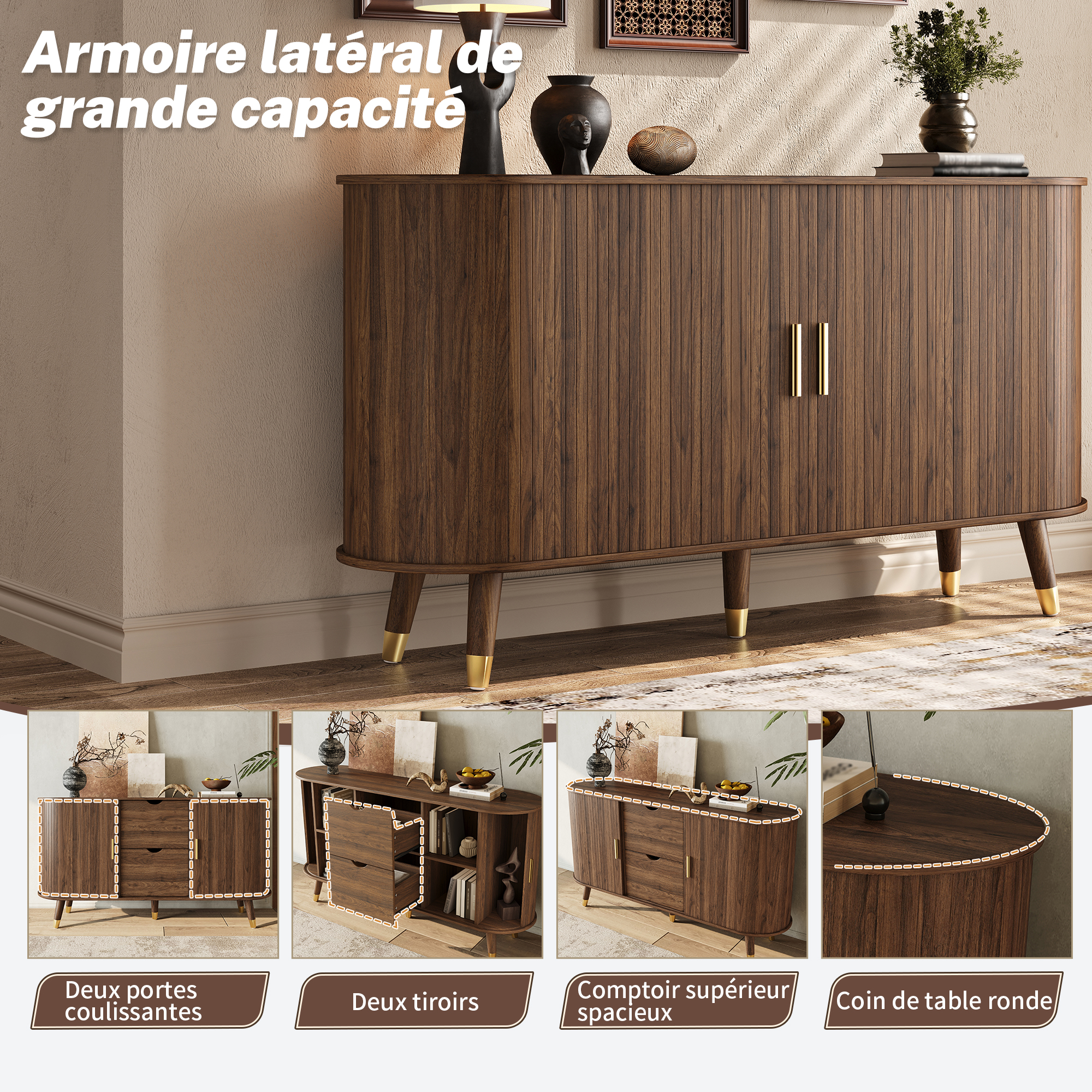 Buffet bas 140 cm, meuble de rangement avec 2 portes coulissantes, 2 tiroirs, étagères réglables, MDF, Effet noyer