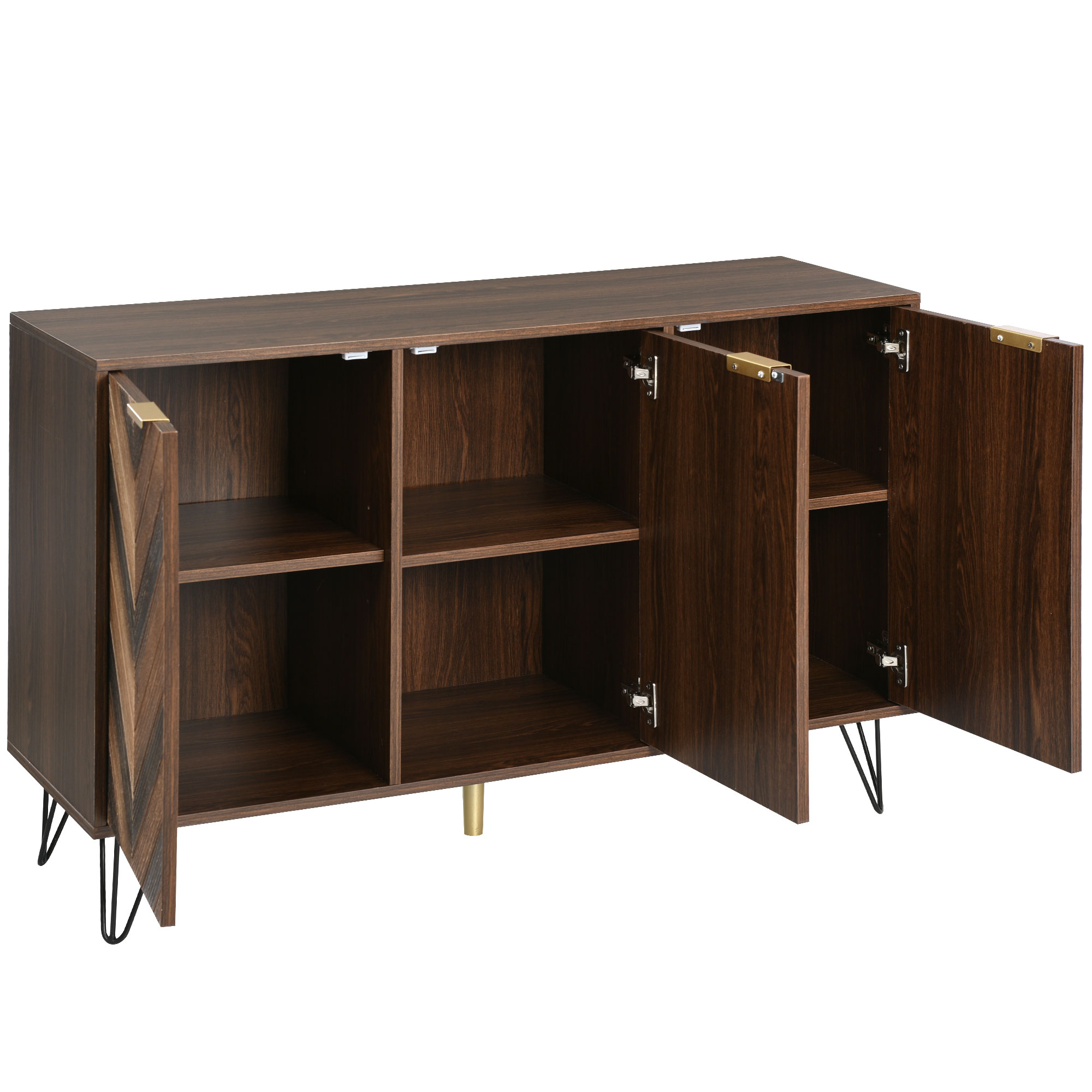 Buffet 3 portes 120×38×76,5 cm, poignées dorées, finition bois naturel, chaque porte avec compartiment et étagère réglable, design élégant moderne, beaucoup d'espace de rangement, pour salon et salle à manger - image 9