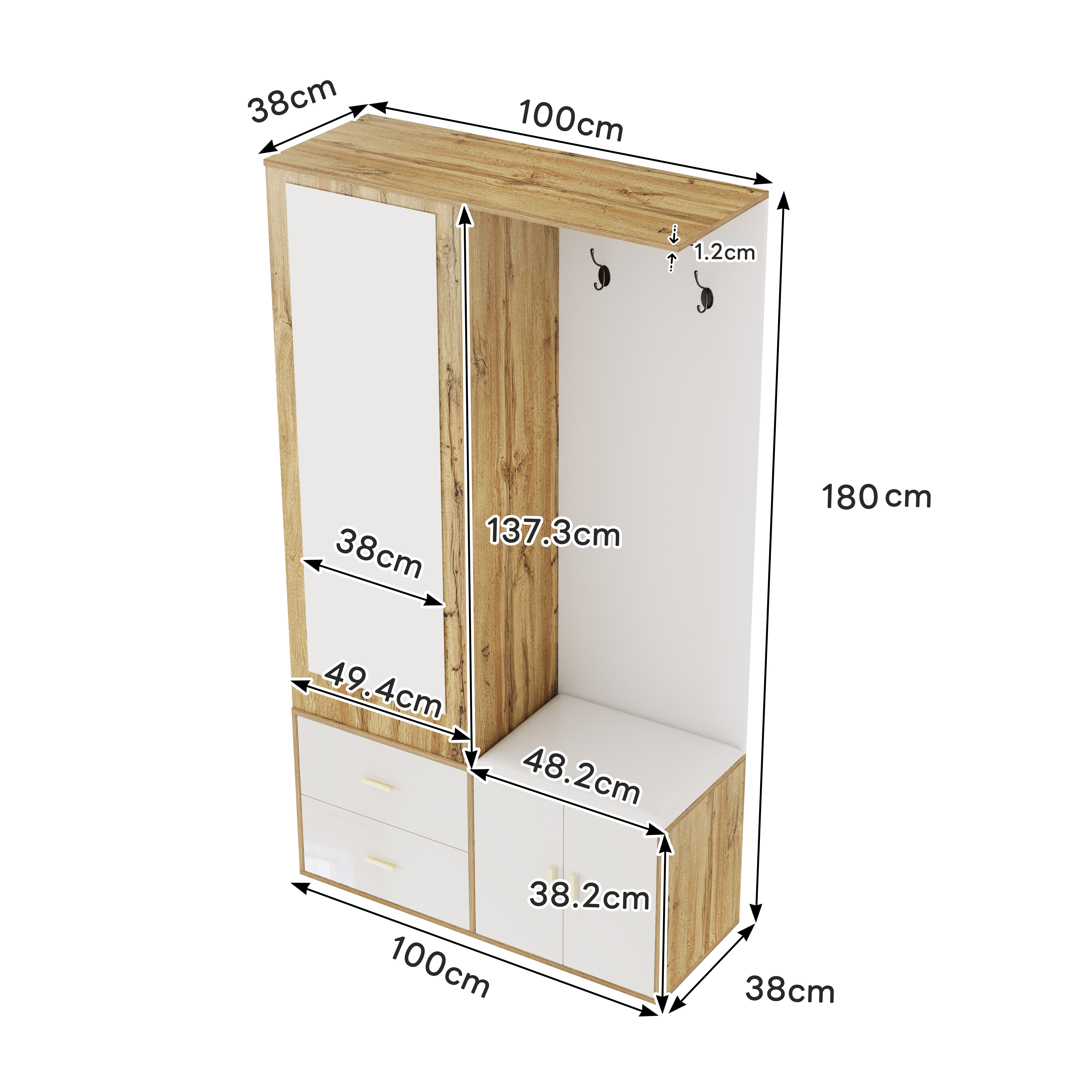 Meuble à chaussures, extensible, 100 x 38 x 180 cm, panneaux de particules et bois, bois naturel - vue 1