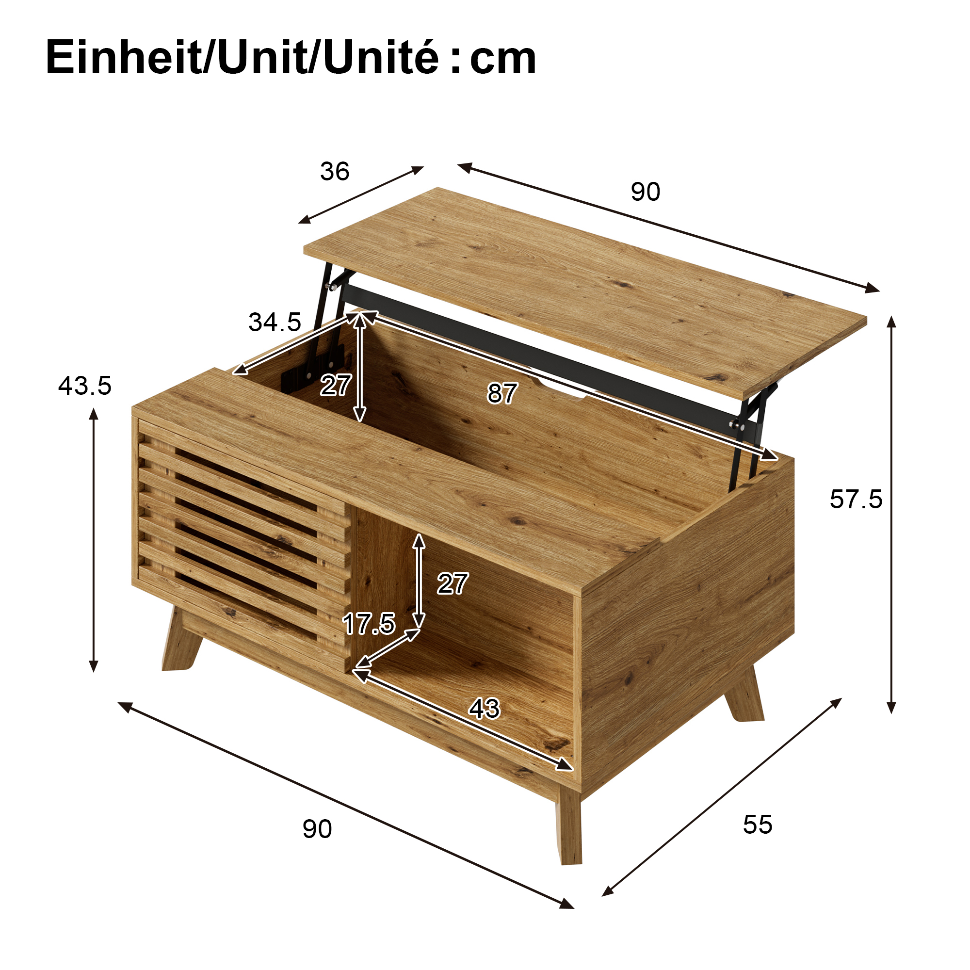 Détails du plateau relevable et du compartiment de rangement de la table basse effet bois