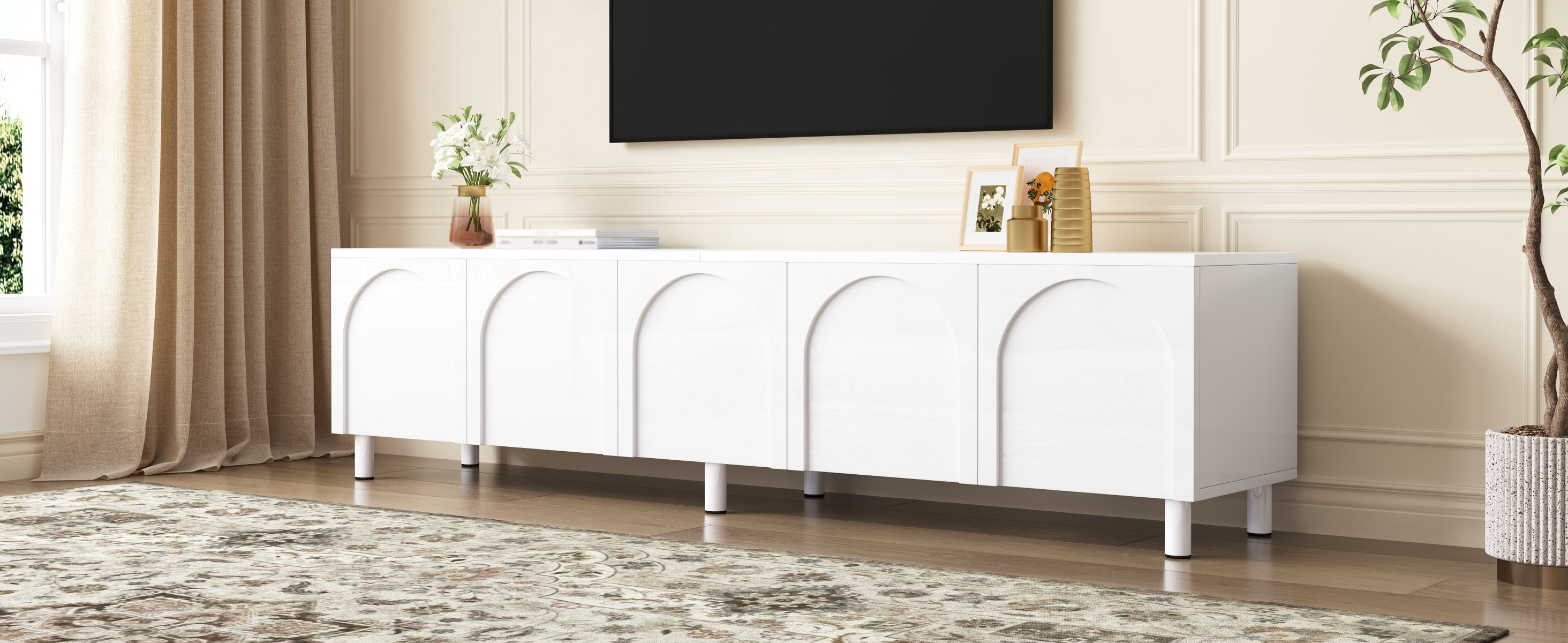 Meuble TV, rangement intégré, 180 x 38 x 45 cm, métal et MDF, blanc - vue 3