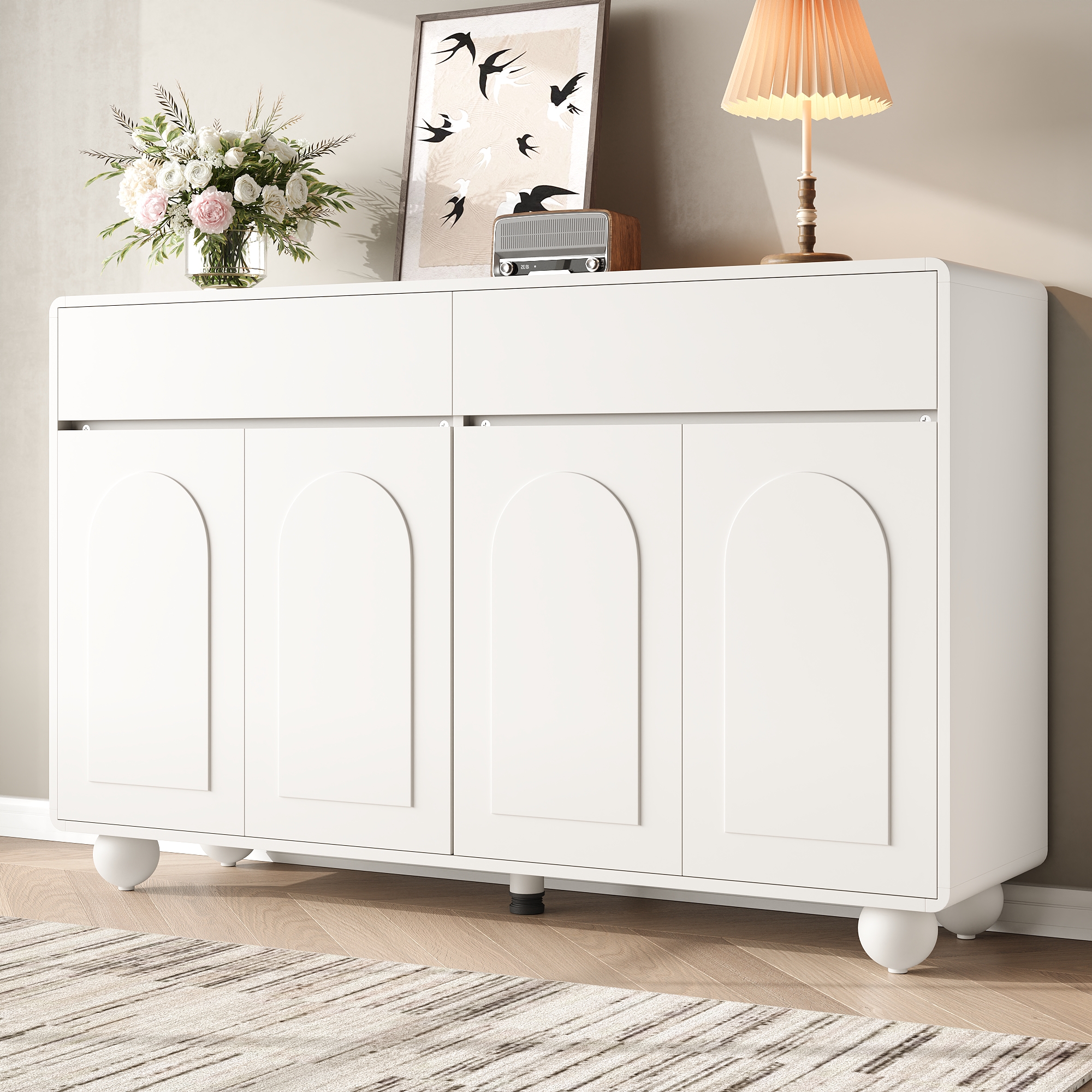 Buffet 140x38x89 cm blanc portes arrondies MDF 2 tiroirs 4 portes