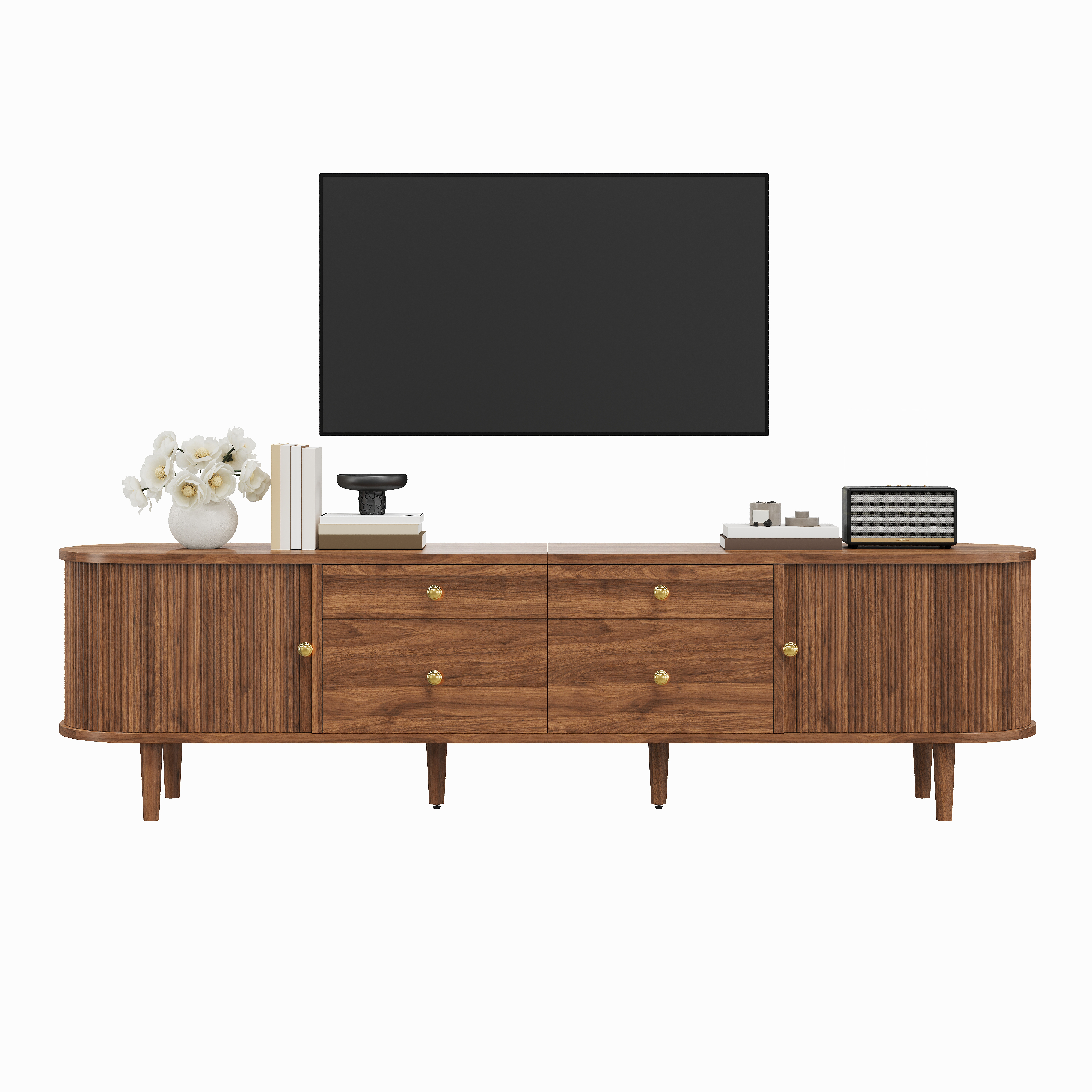 Meuble TV 180 cm, meuble bas de salon avec 2 portes coulissantes, 4 tiroirs, façade ondulée 3D, panneaux de particules et MDF, Effet noyer