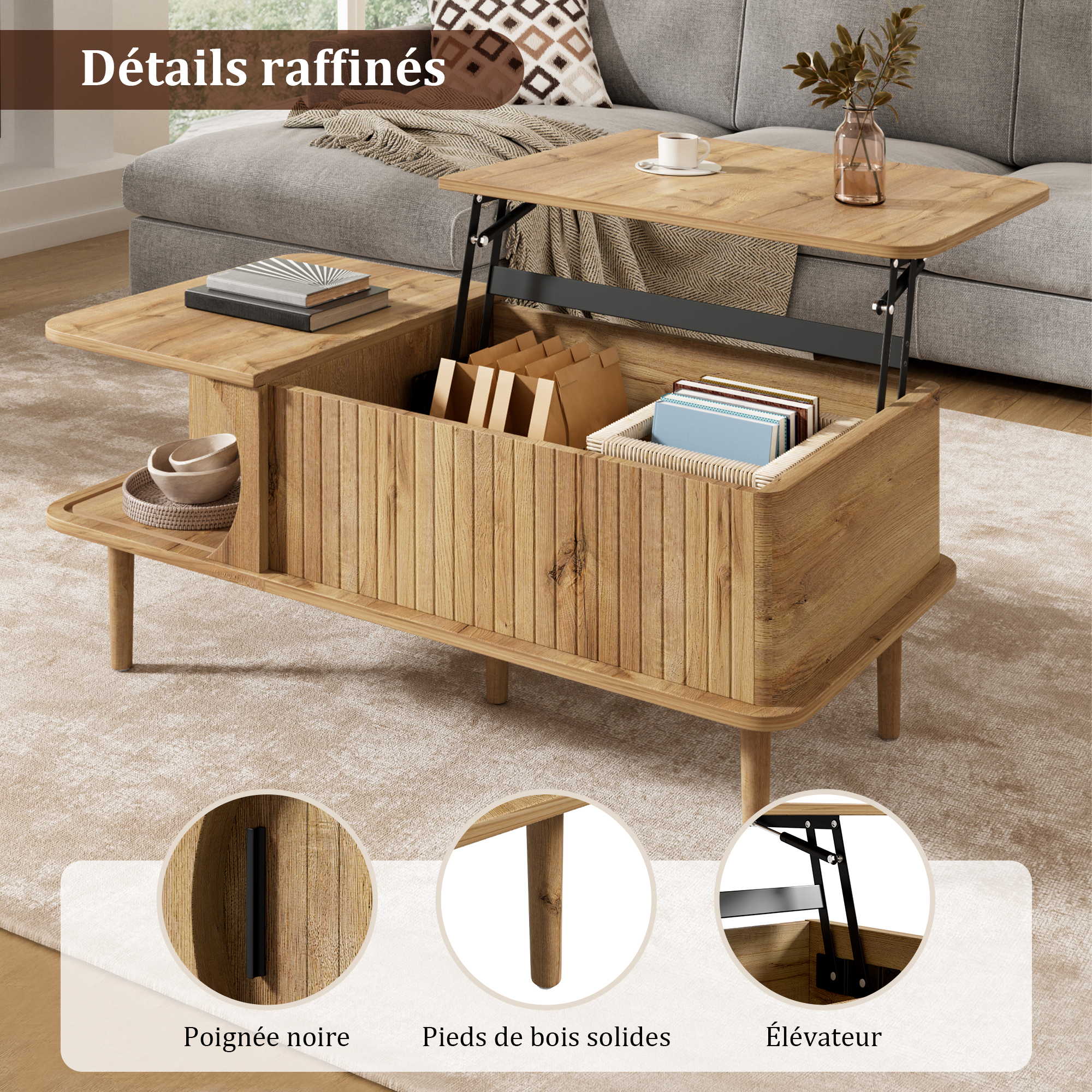 Plateau relevable avec compartiment de rangement dissimulé