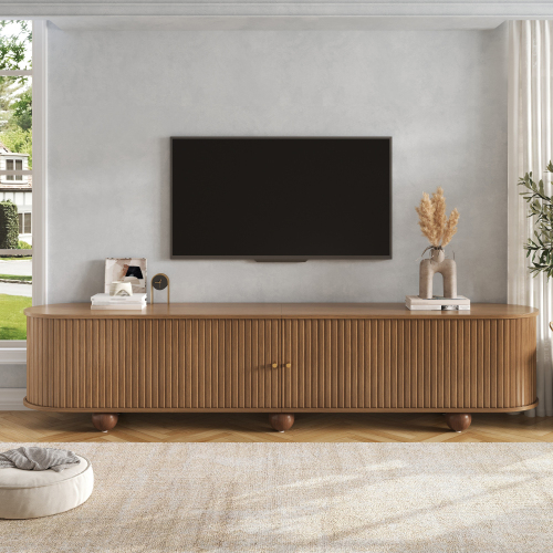 Meuble TV couleur noyer avec portes coulissantes à lattes