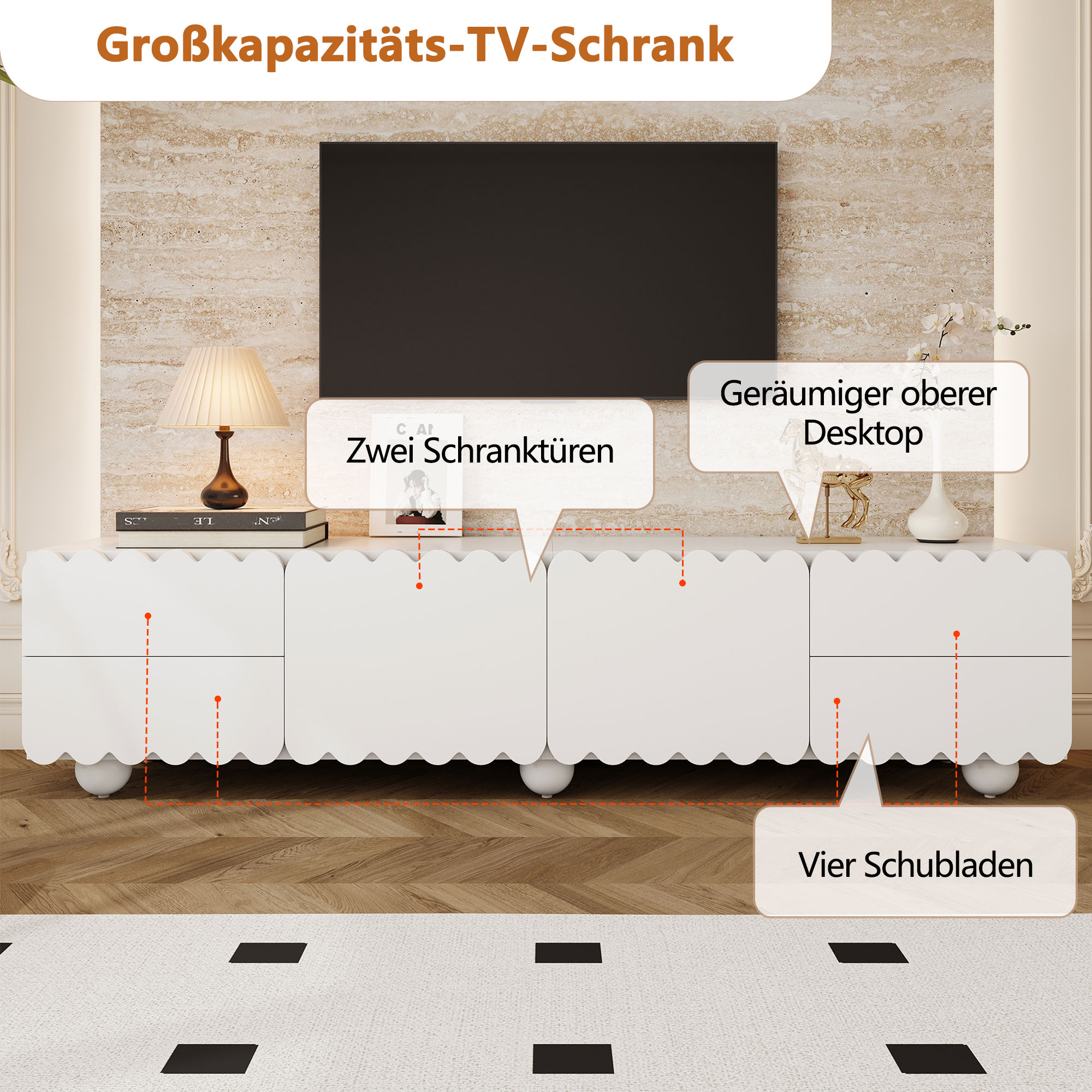 Weißes TV-Möbel im Wellendesign in Wohnzimmersituation