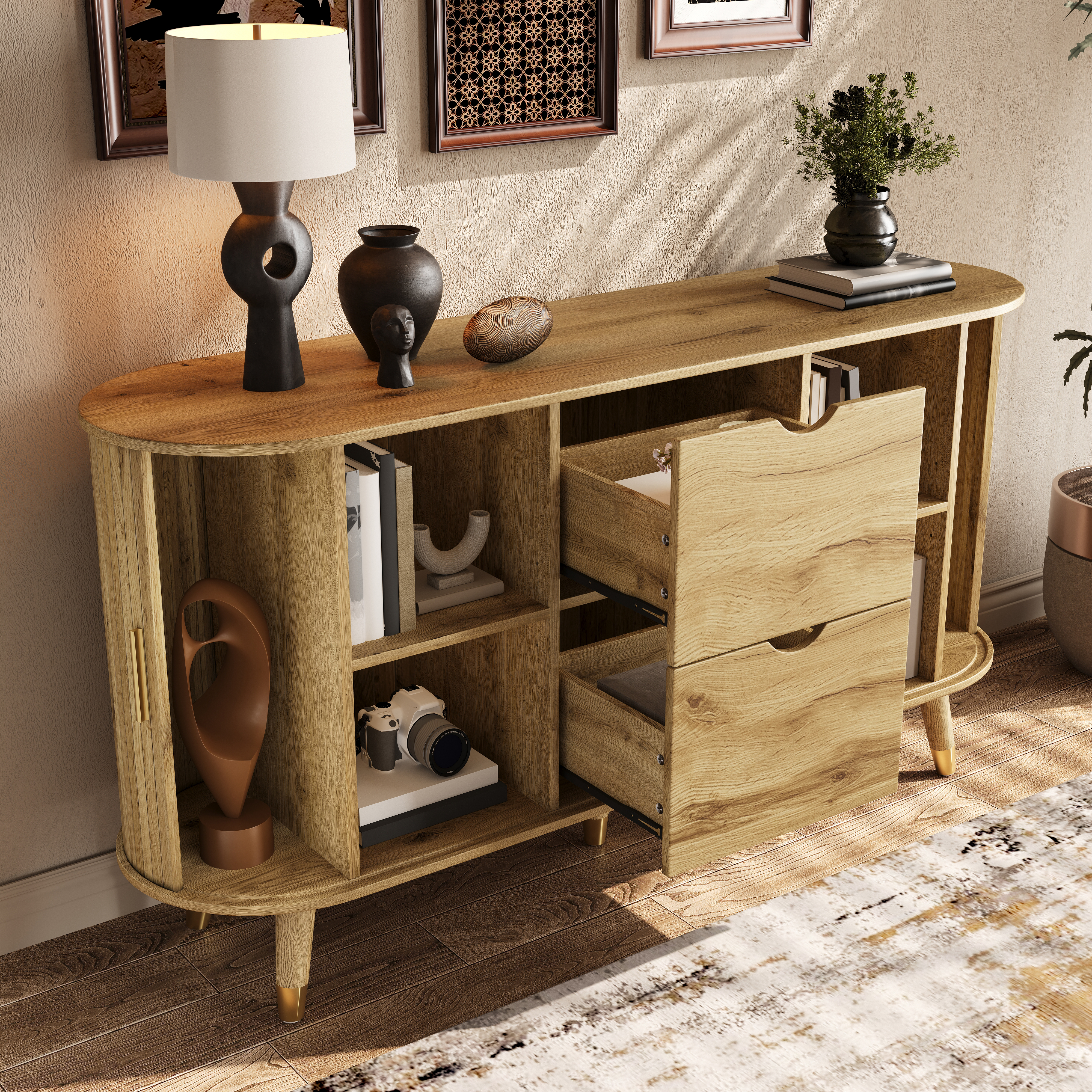 Buffet bas 140 cm, meuble de rangement avec 2 portes coulissantes, 2 tiroirs, étagères réglables, MDF, Effet bois naturel