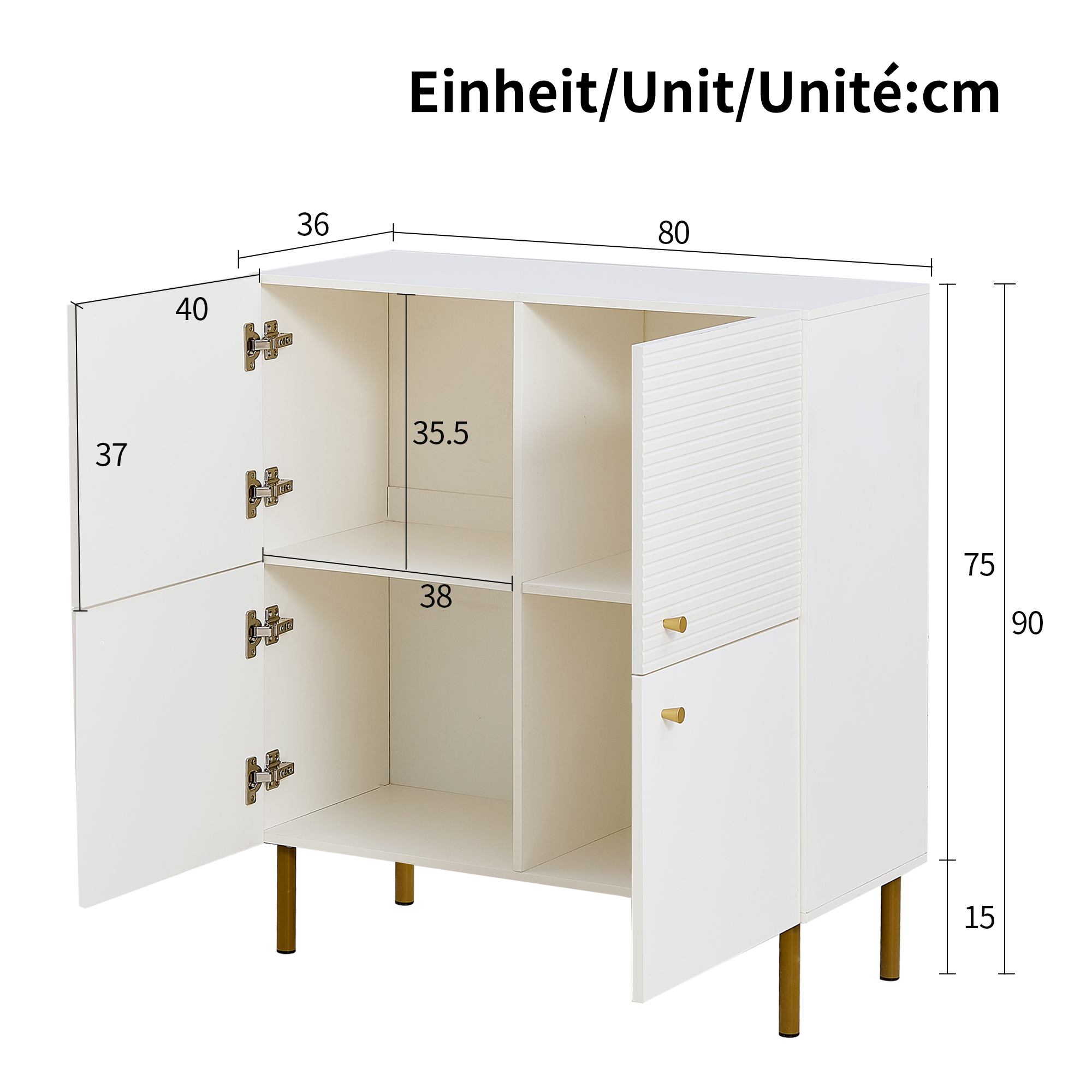 Buffet, 80 x 36 x 90 cm, acier et MDF, blanc - vue 1