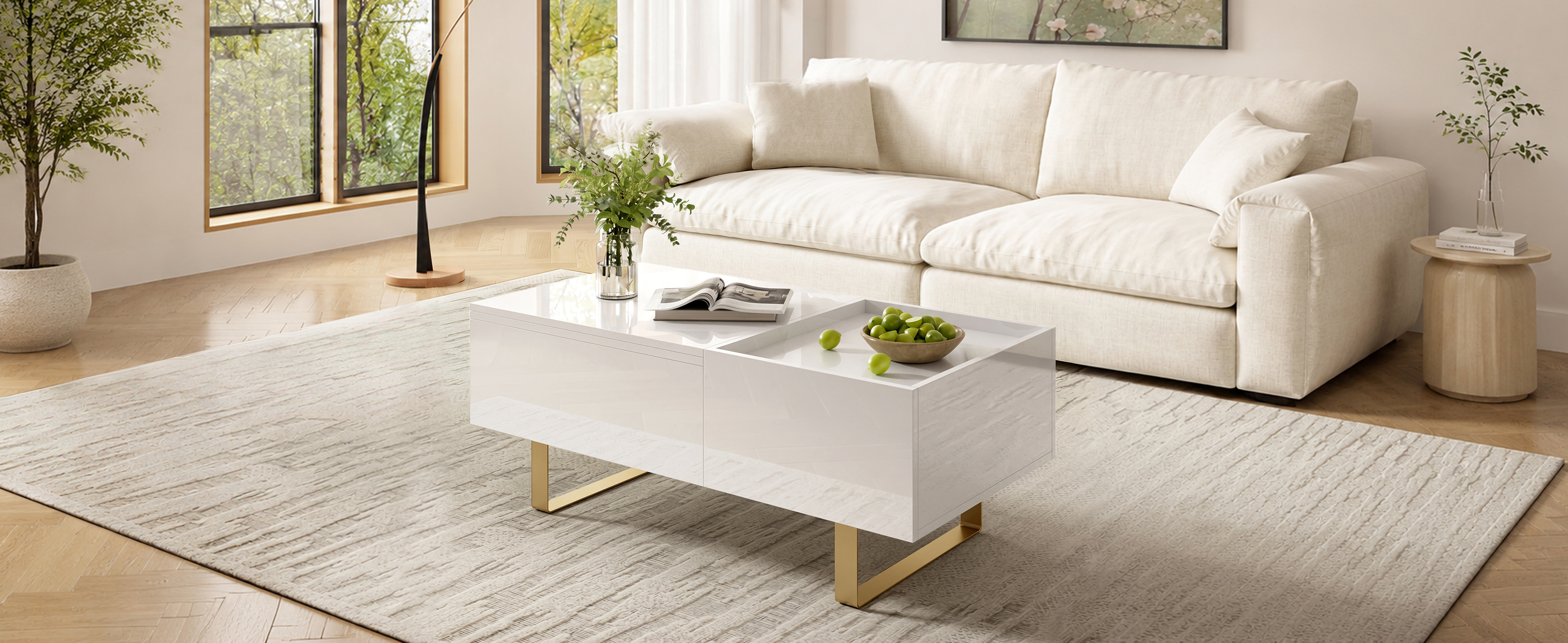Table basse relevable dans un salon moderne