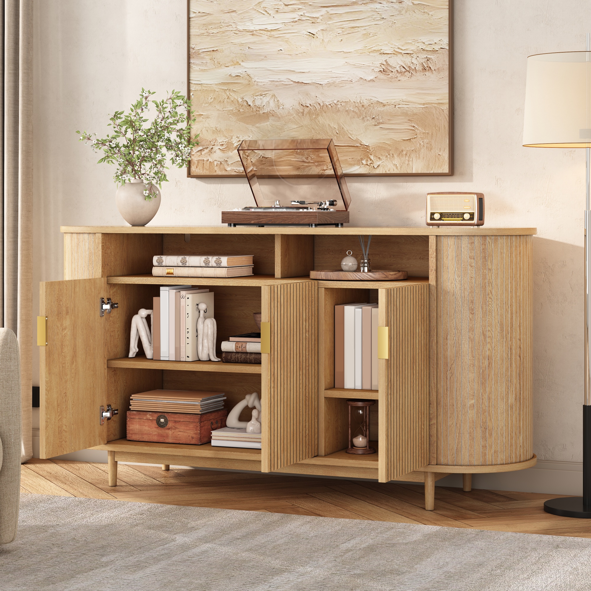 Buffet, rangement intégré, 140 x 40 x 78 cm, panneaux de particules et bois, bois naturel - vue 3