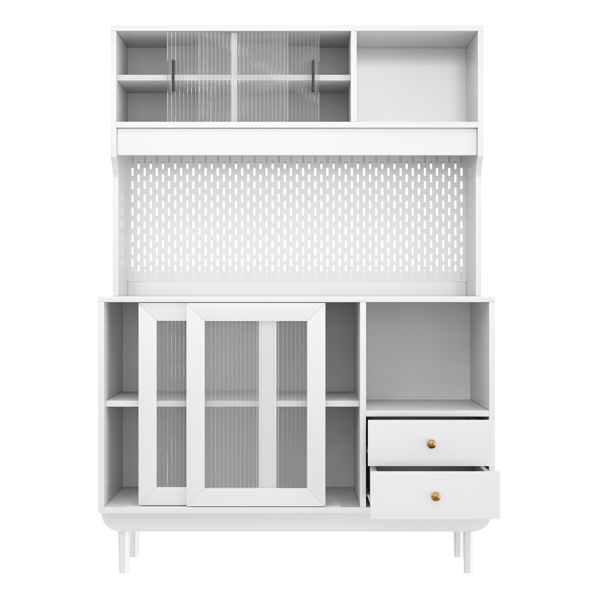 Buffet de cuisine 117 x 30 x 170 cm, 2 portes, 6 tiroirs, portes coulissantes, MDF et panneaux de particules, Blanc - dimensions et spécifications