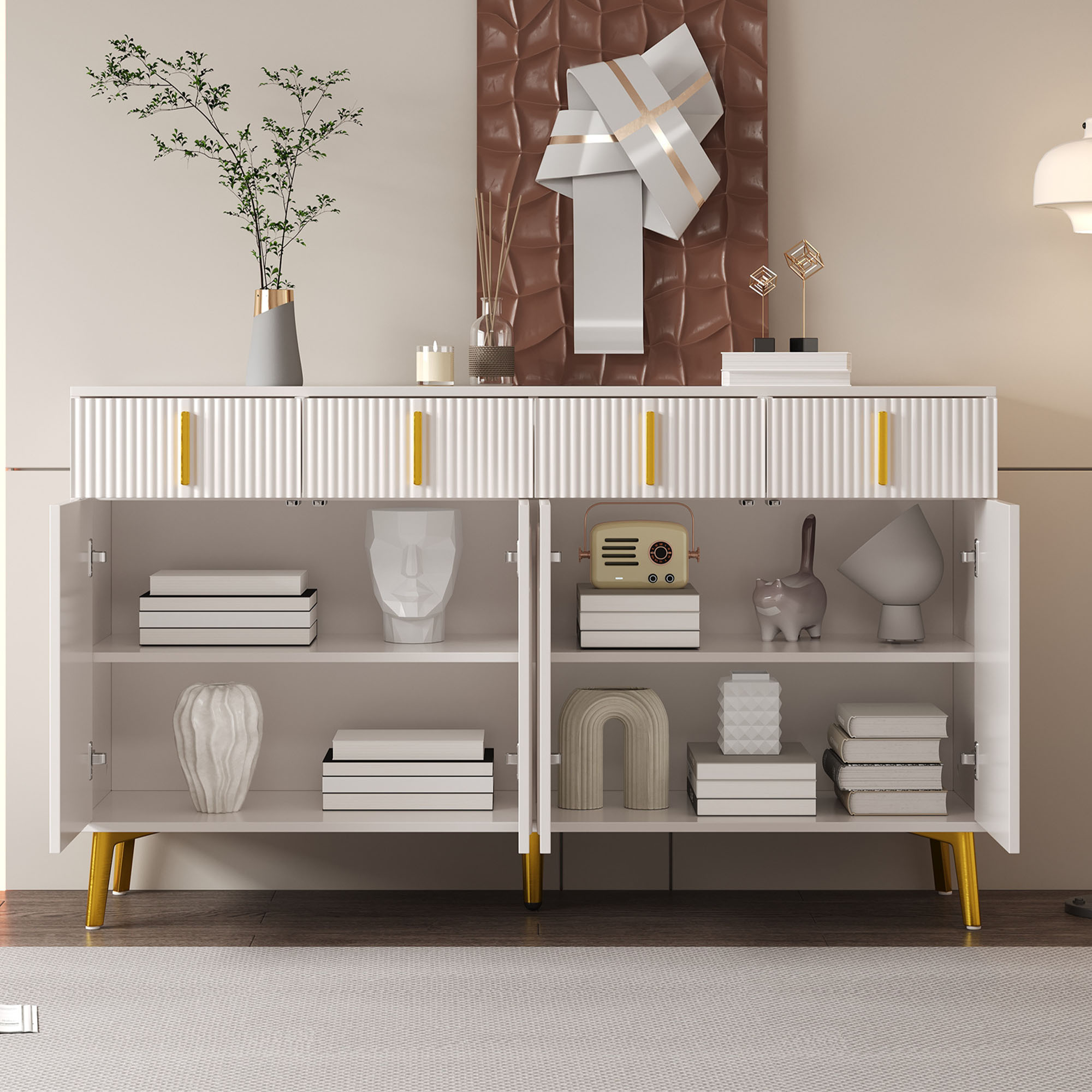 Buffet, avec tiroirs, 140 x 38 x 82 cm, MDF, blanc - vue 8