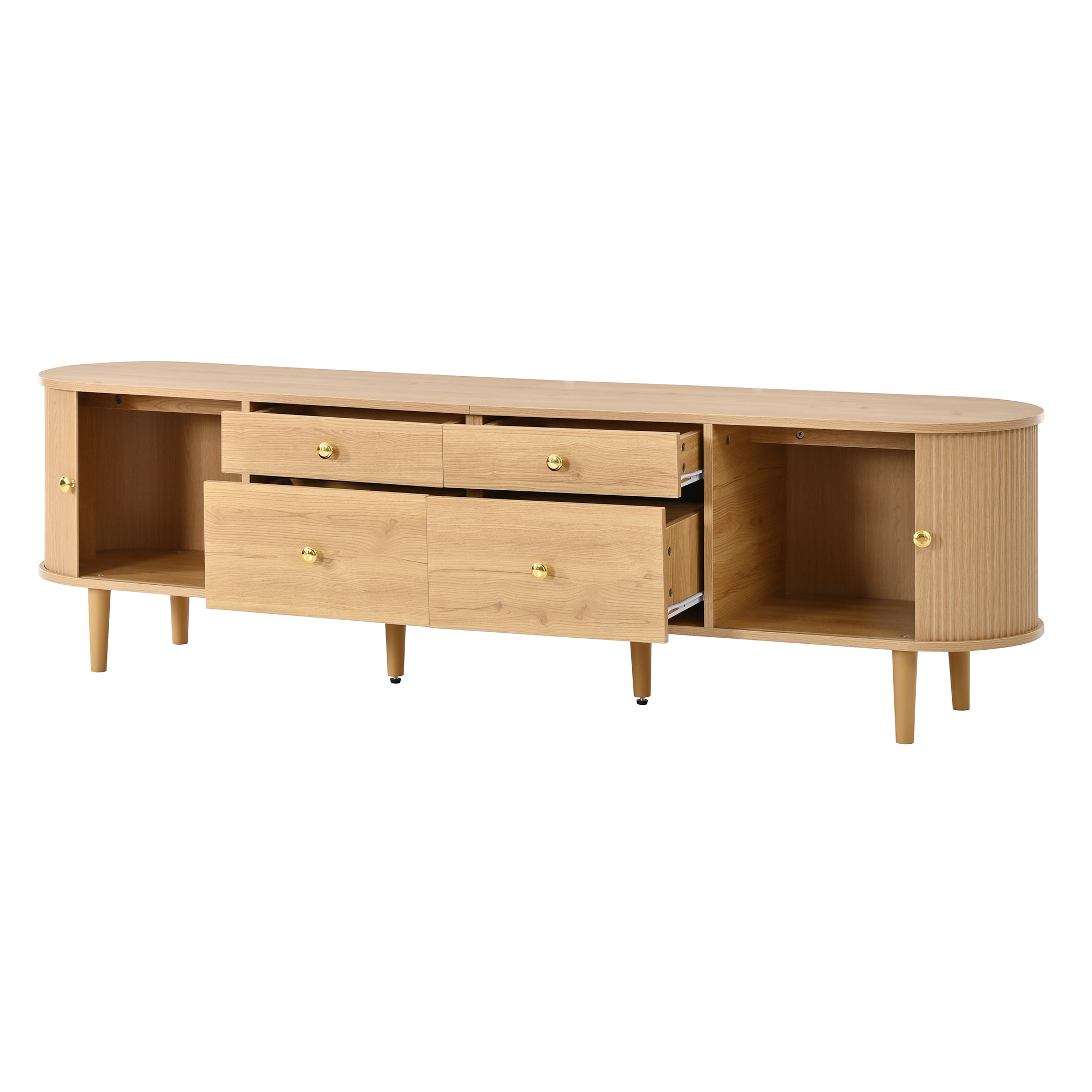 Meuble TV 180 cm, meuble bas de salon avec 2 portes coulissantes, 4 tiroirs, façade ondulée 3D, panneaux de particules et MDF, Effet bois naturel