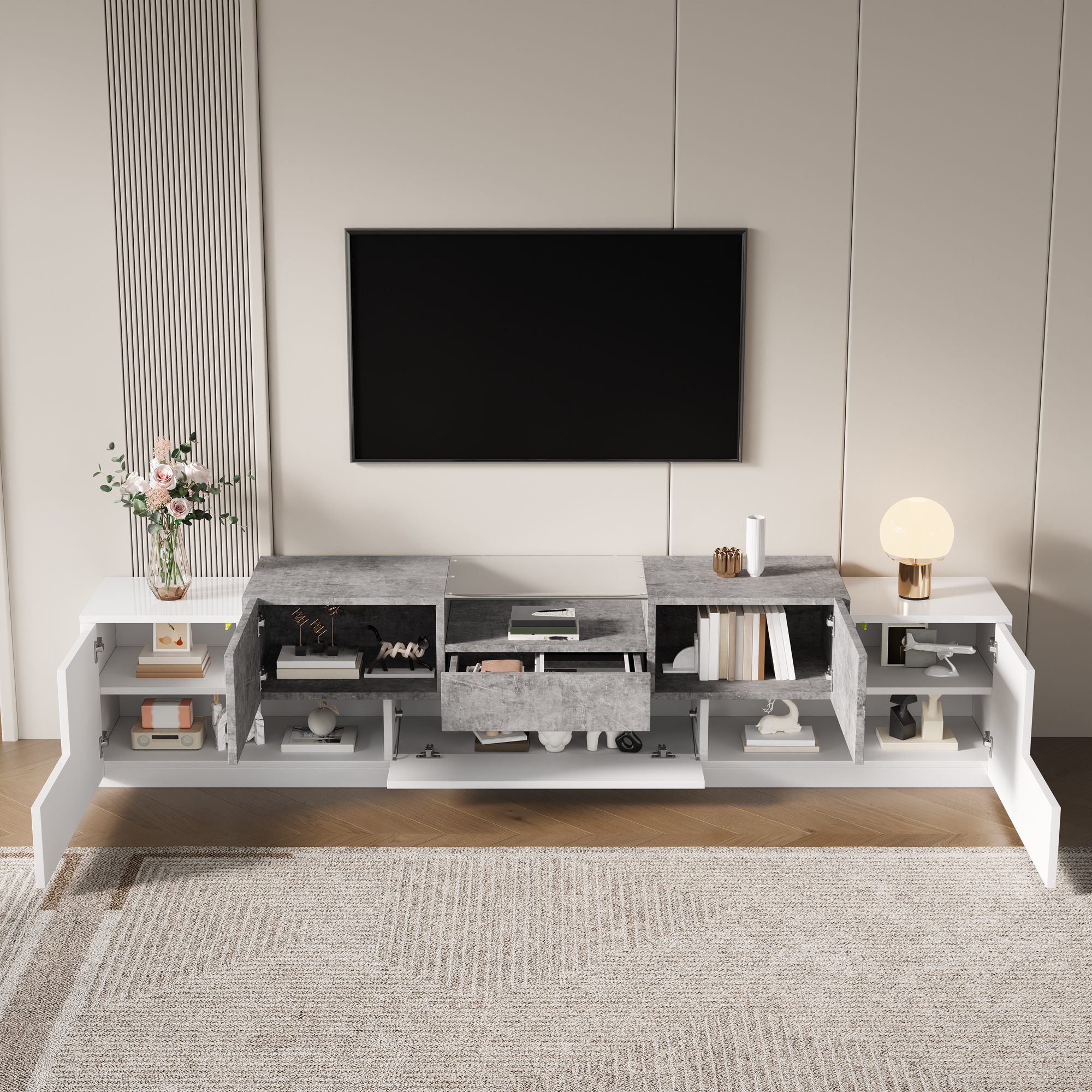 Meuble TV 200 cm, meuble bas de salon avec 4 portes, 1 tiroir, passe-câbles, finition partiellement brillante, Blanc et effet ciment gris