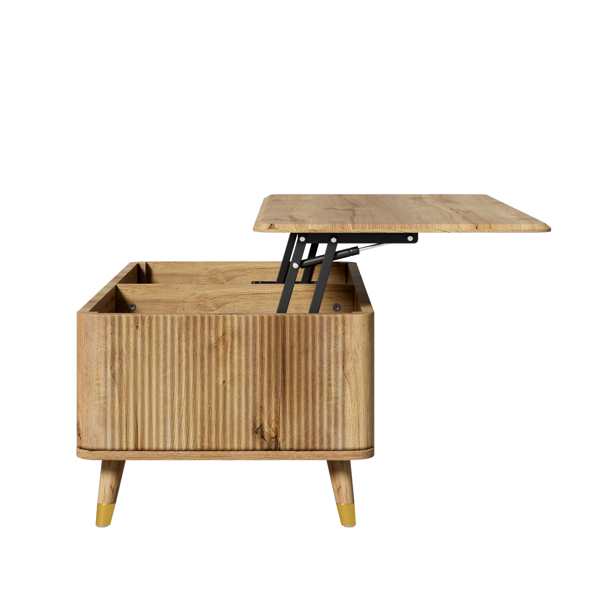 Table basse ronde, table de salon 97 x 52 x 56,5 cm avec plateau relevable, façade ondulée 3D, MDF, Effet bois naturel