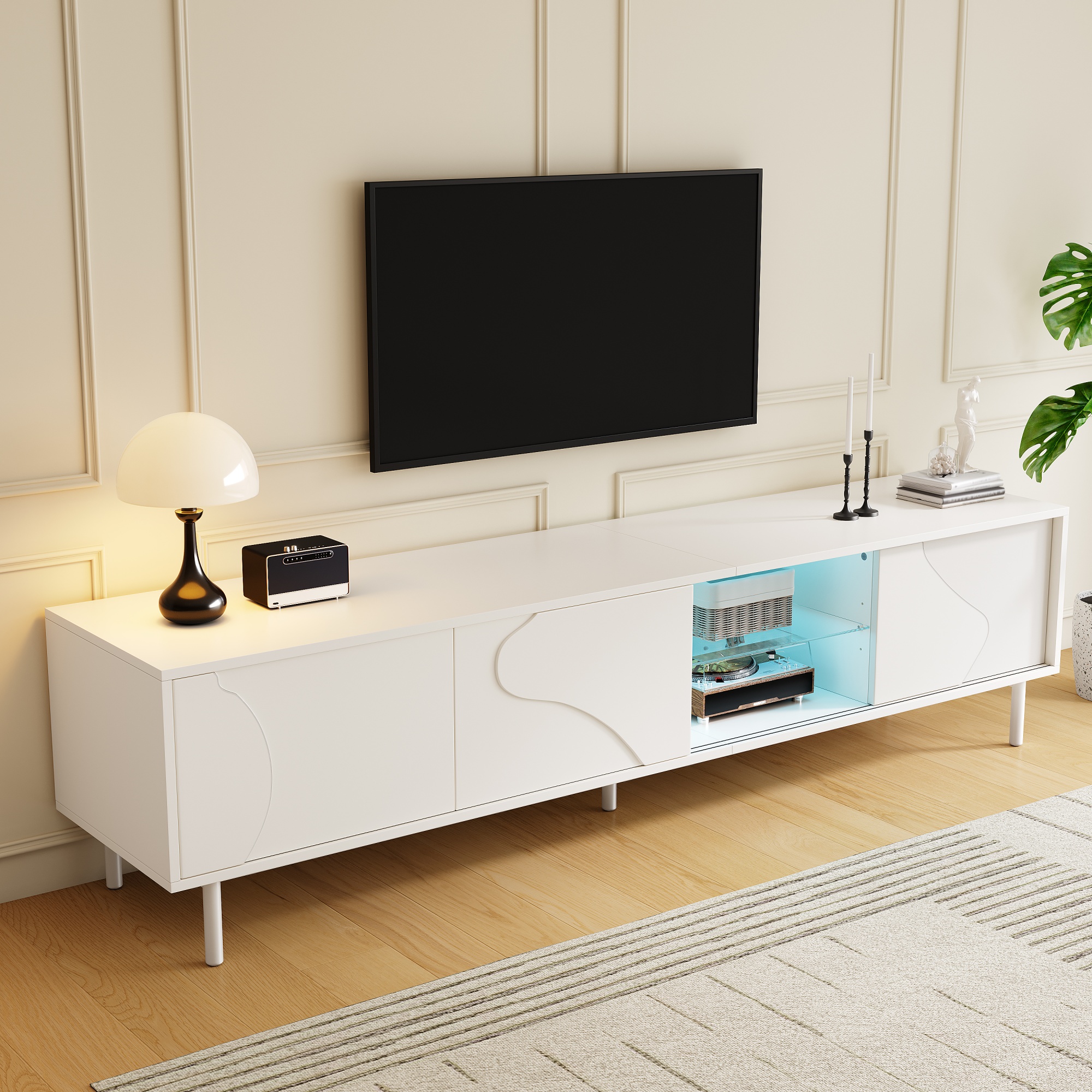 Meuble TV, éclairage led, éléments en verre, 180 x 40 x 45 cm, métal et acier, blanc - vue 3
