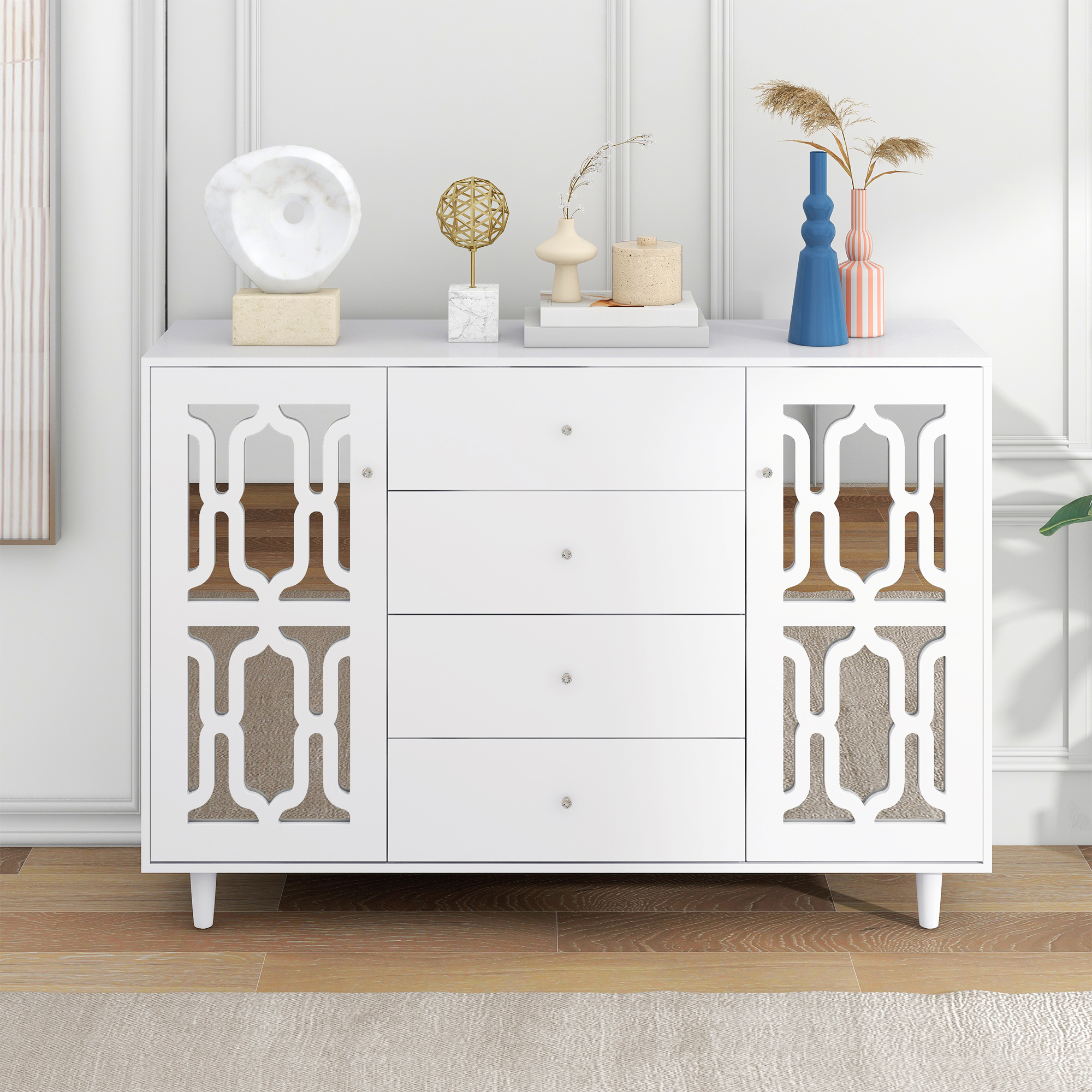 Buffet blanc avec surface miroir, poignée verre cristal, 2 portes + 4 tiroirs, pieds bois massif, dimensions 147.5×40×102 cm, pour salon et entrée, design luxueux, beaucoup de rangement, style élégant - image 2