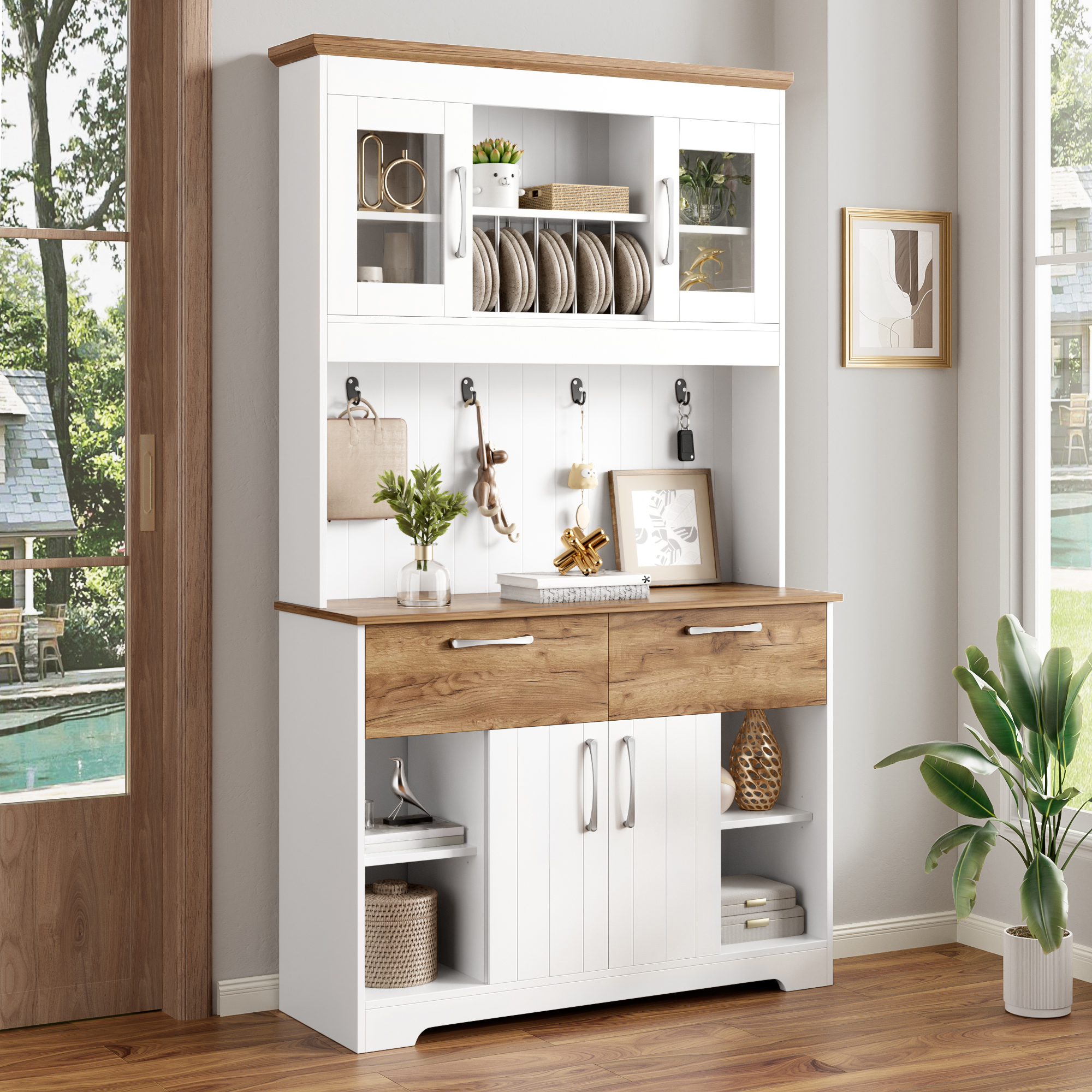 Buffet, rangement intégré, avec tiroirs, 106 x 39 x 176,5 cm, panneaux de particules, bois naturel - vue 3