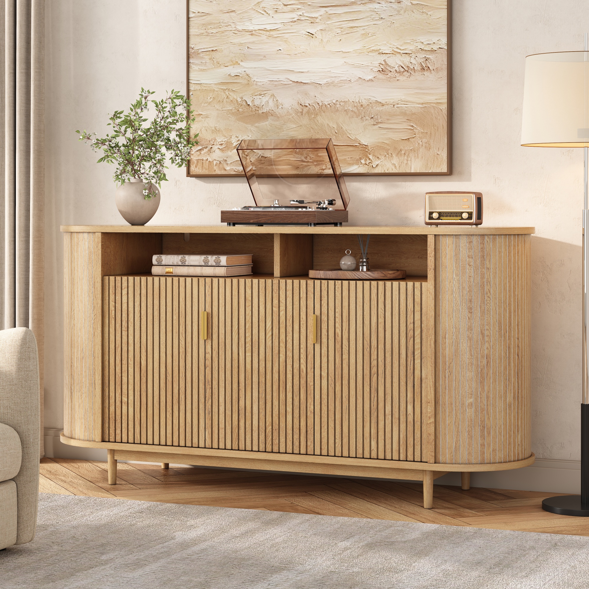 Buffet, rangement intégré, 140 x 40 x 78 cm, panneaux de particules et bois, bois naturel - vue 2