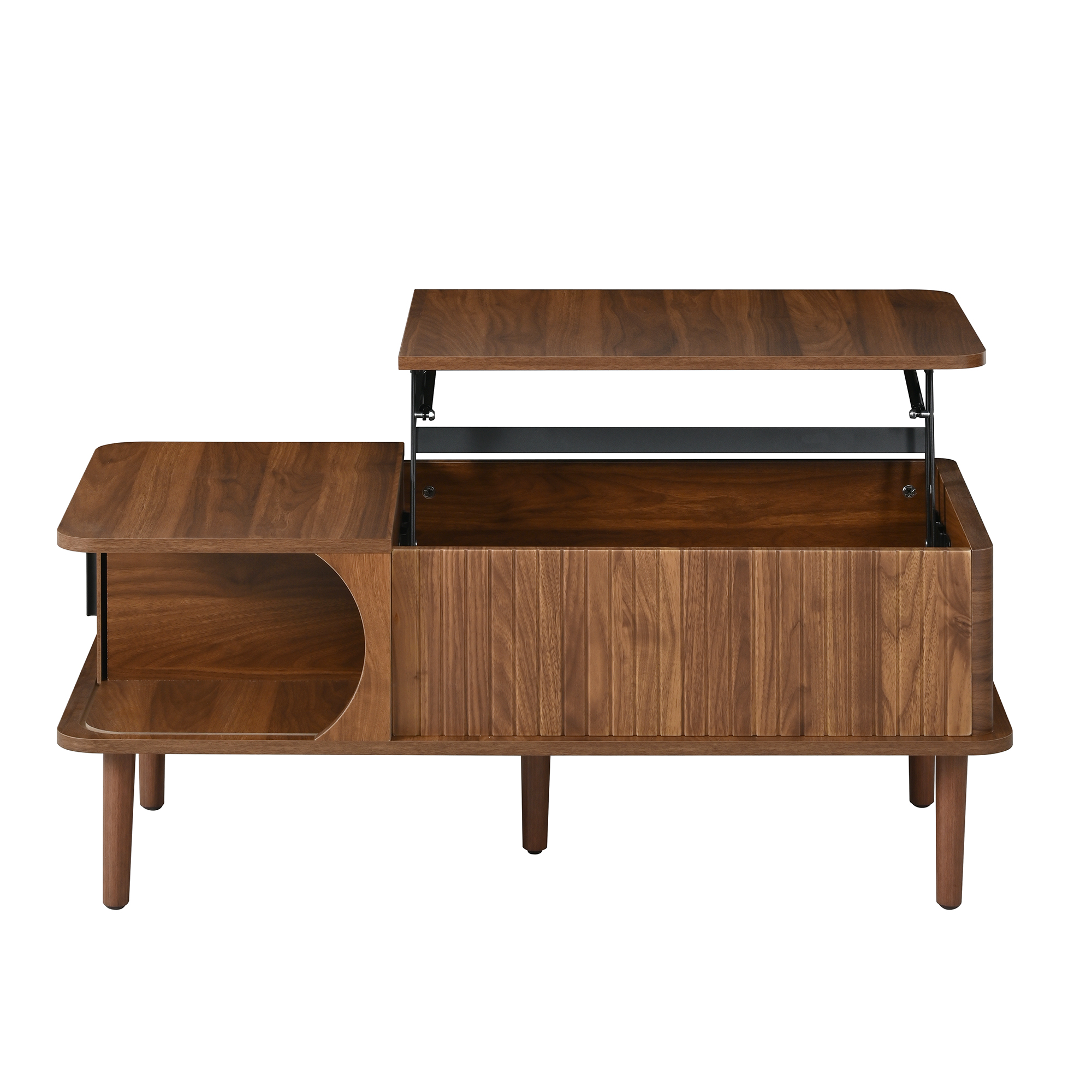 Table basse ronde, table de salon 100 x 48 x 55,5 cm avec plateau relevable, façades rainurées, MDF, Effet noyer