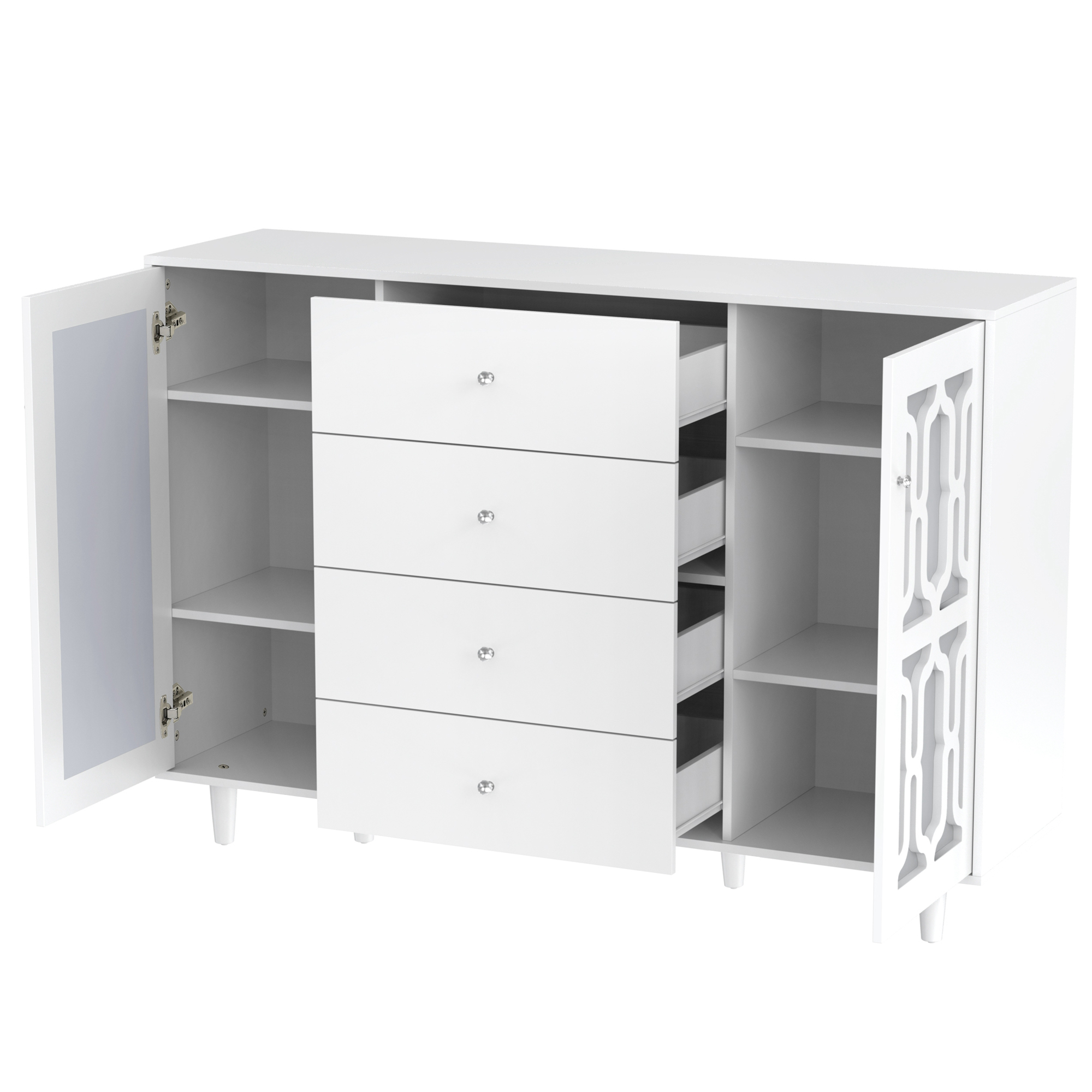 Buffet blanc avec surface miroir, poignée verre cristal, 2 portes + 4 tiroirs, pieds bois massif, dimensions 147.5×40×102 cm, pour salon et entrée, design luxueux, beaucoup de rangement, style élégant - image 16