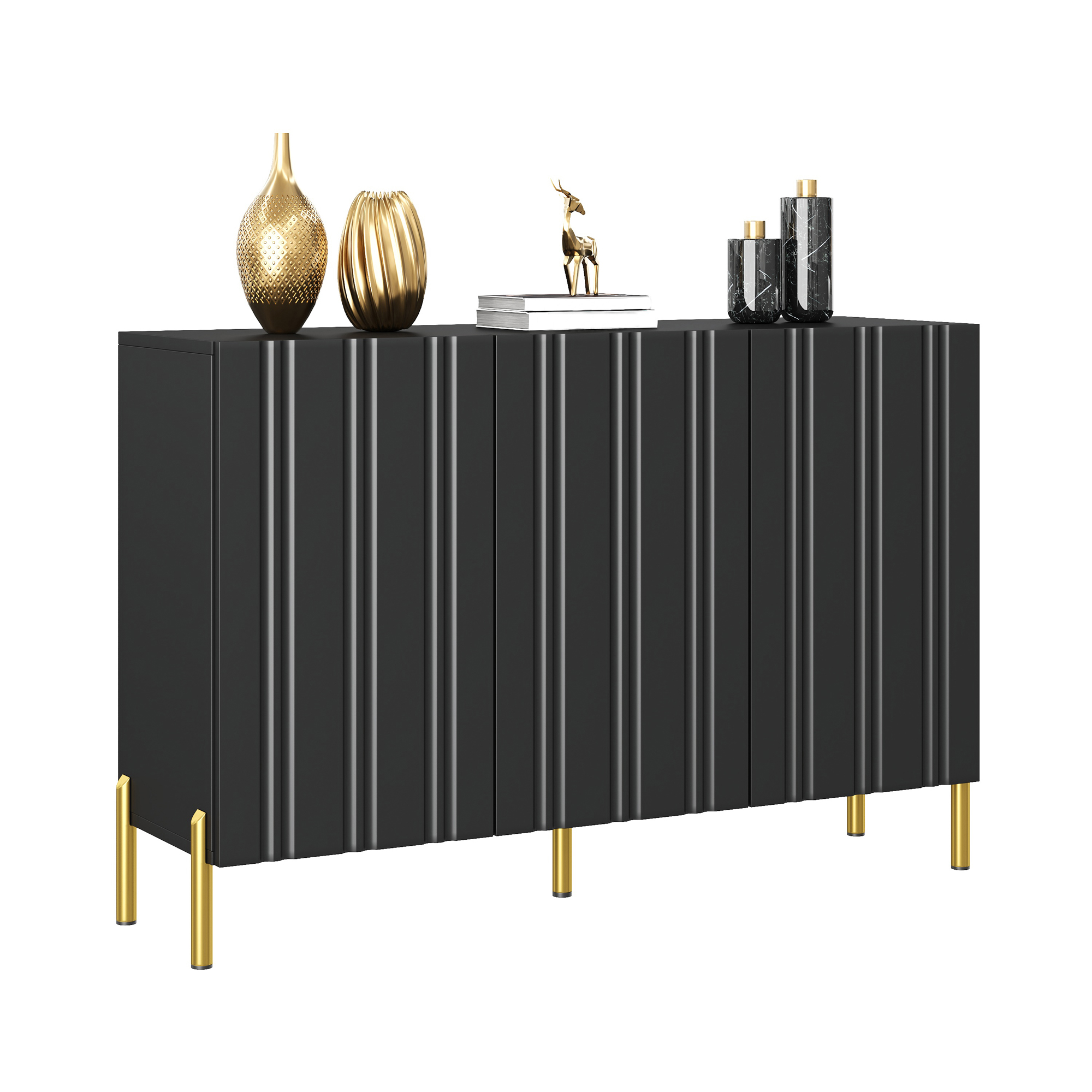 Meuble à chaussures 120 cm, meuble de rangement d’entrée avec 3 portes, étagères réglables, façades rainurées, panneaux de particules et MDF, Noir
