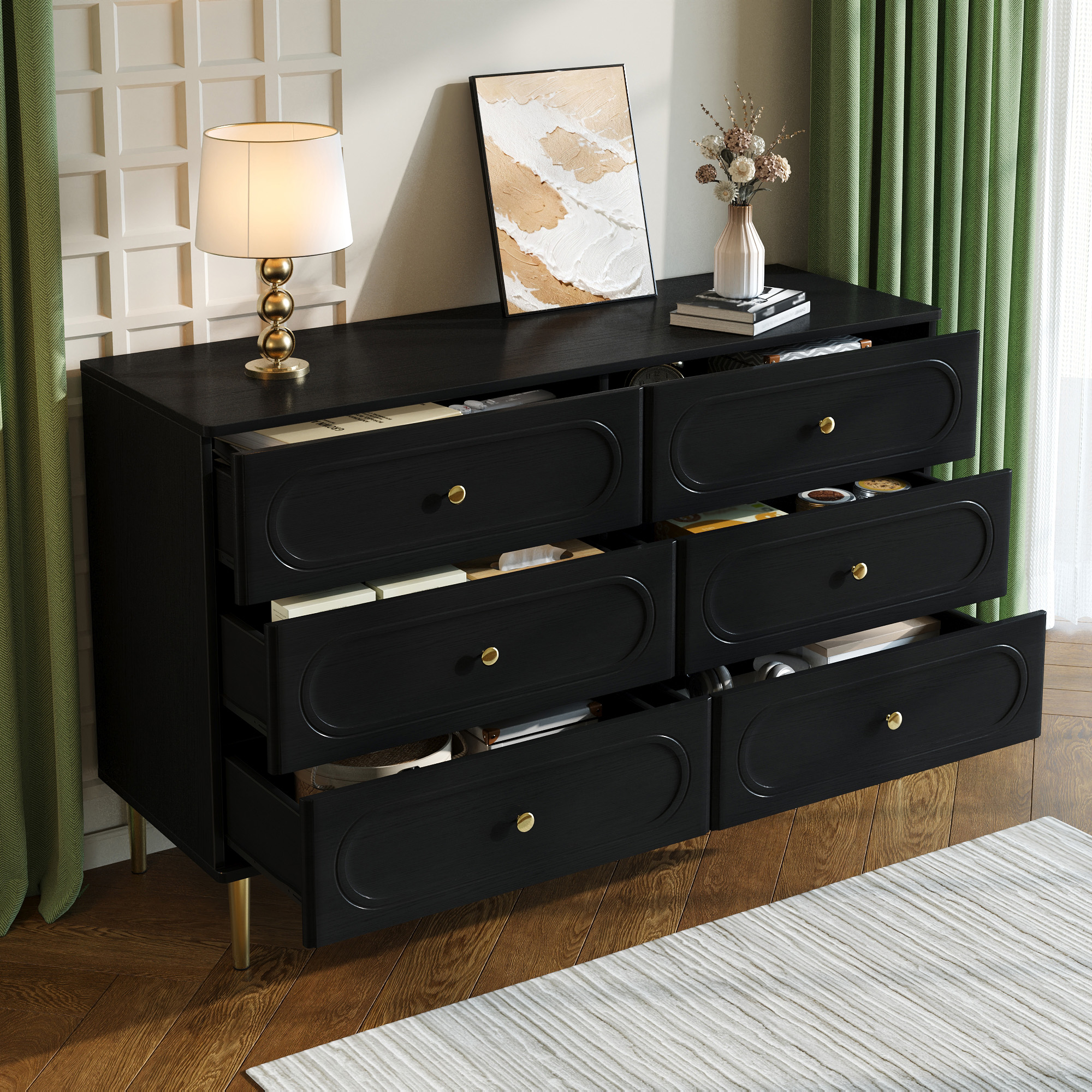 Commode 6 tiroirs 120x40x75 cm noir MDF design ovale