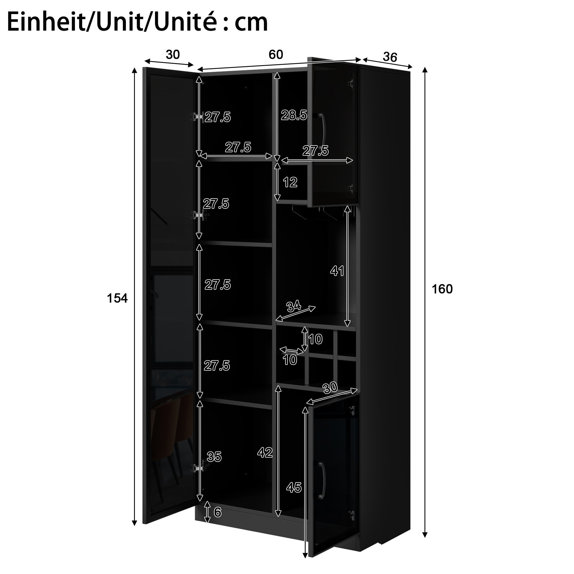Vitrine 60 x 36 x 160 cm, LED, portes vitrées, MDF et panneaux de particules, Noir - détails