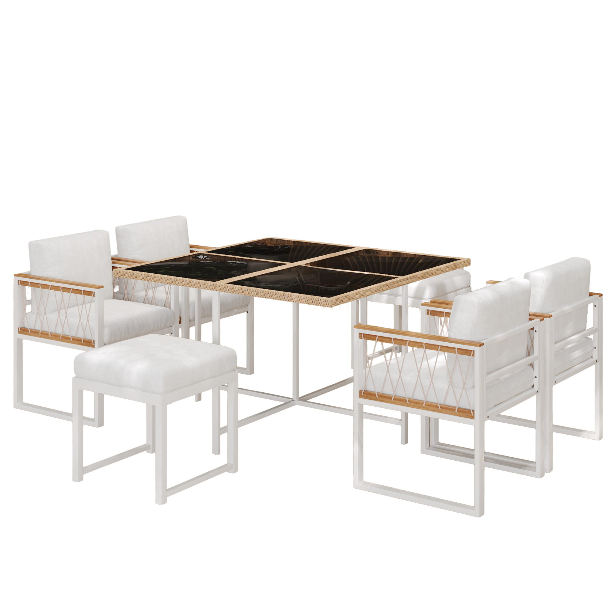 Accoudoirs composite bois‑plastique, côtés tressage corde polyester