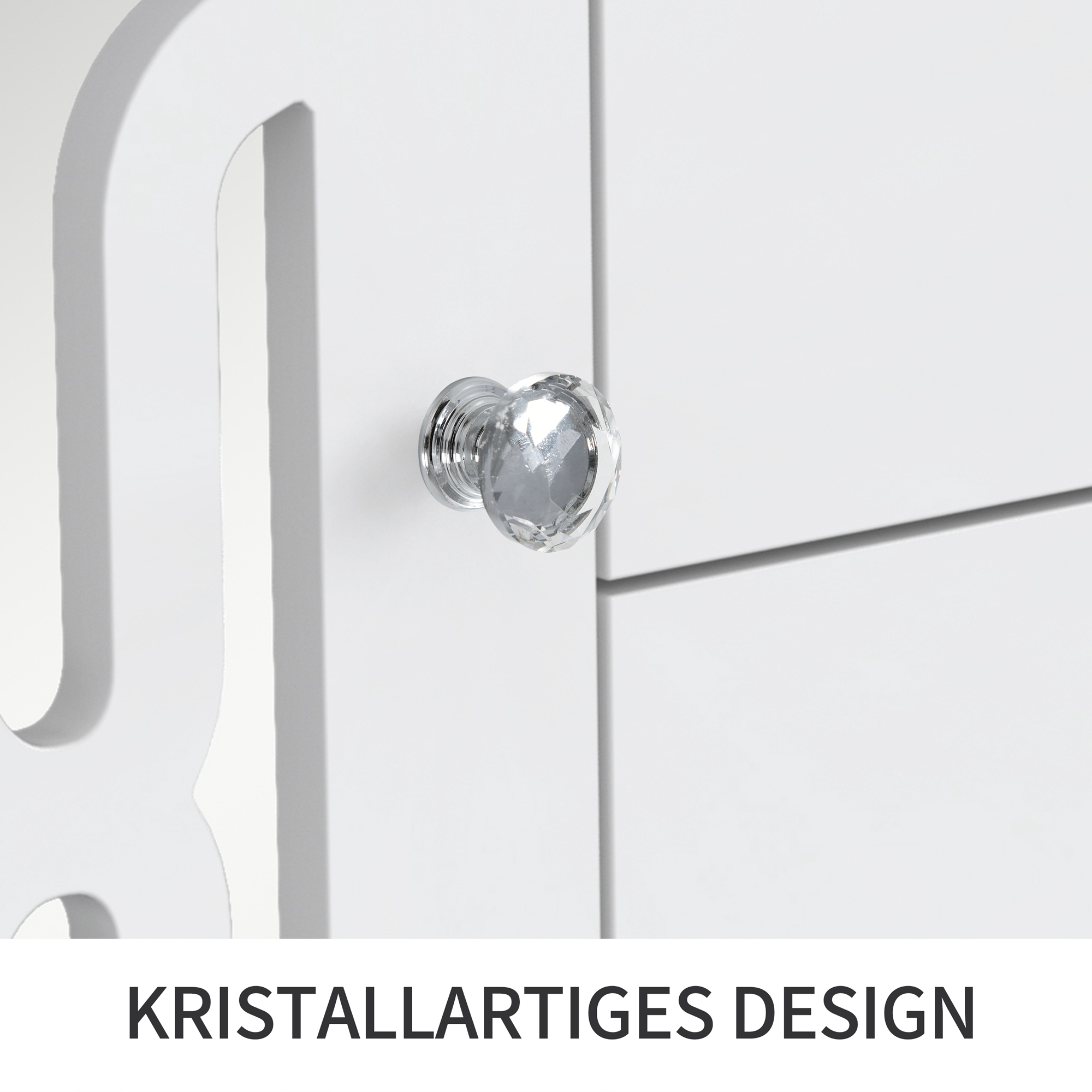 Buffet blanc avec surface miroir, poignée verre cristal, 2 portes + 4 tiroirs, pieds bois massif, dimensions 147.5×40×102 cm, pour salon et entrée, design luxueux, beaucoup de rangement, style élégant - image 8